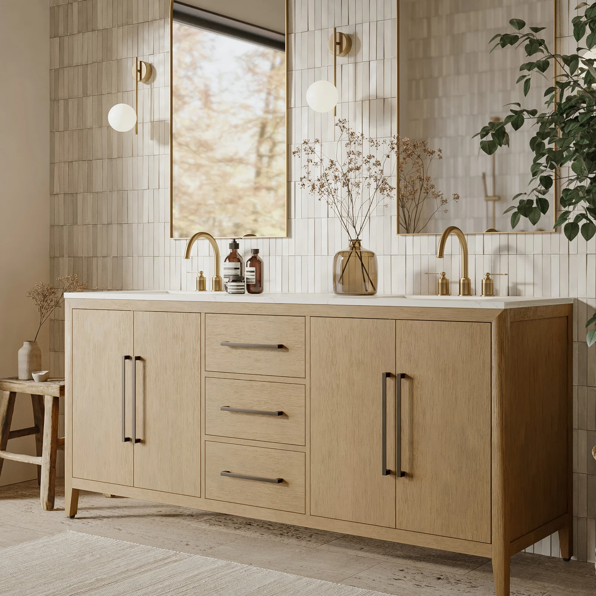 Bergen 72" Double Bathroom Vanity | Brushed Oak | Calacatta Gold Quartz - Image 2
