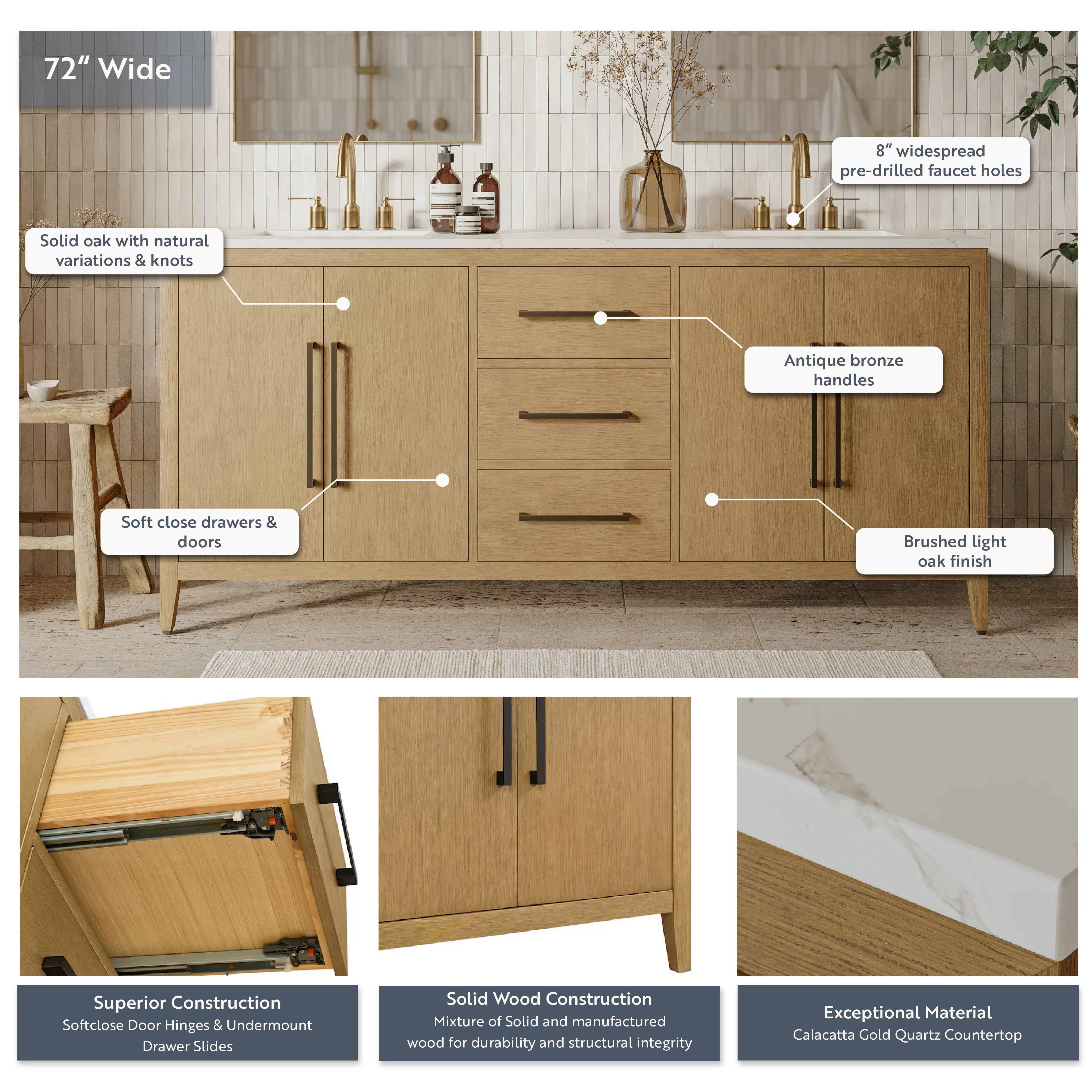 Bergen 72" Double Bathroom Vanity | Brushed Oak | Calacatta Gold Quartz - Image 4