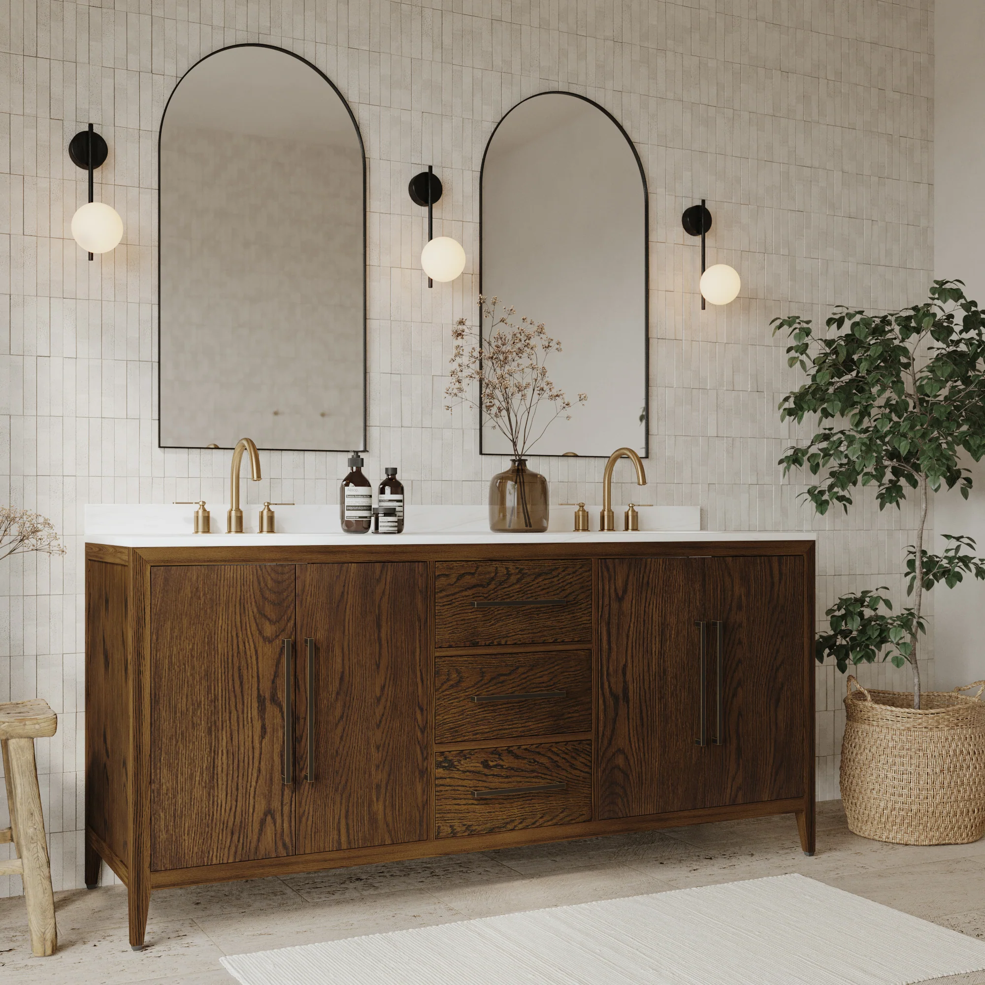Bergen 72" Double Bathroom Vanity | Enhanced Brown Oak | Calacatta Gold Quartz - Image 2