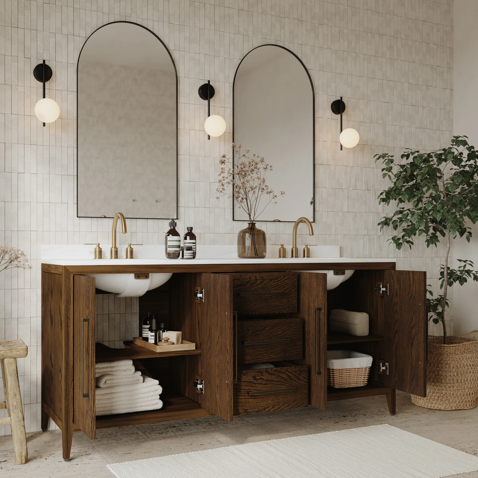 Bergen 72" Double Bathroom Vanity | Enhanced Brown Oak | Calacatta Gold Quartz - Image 3