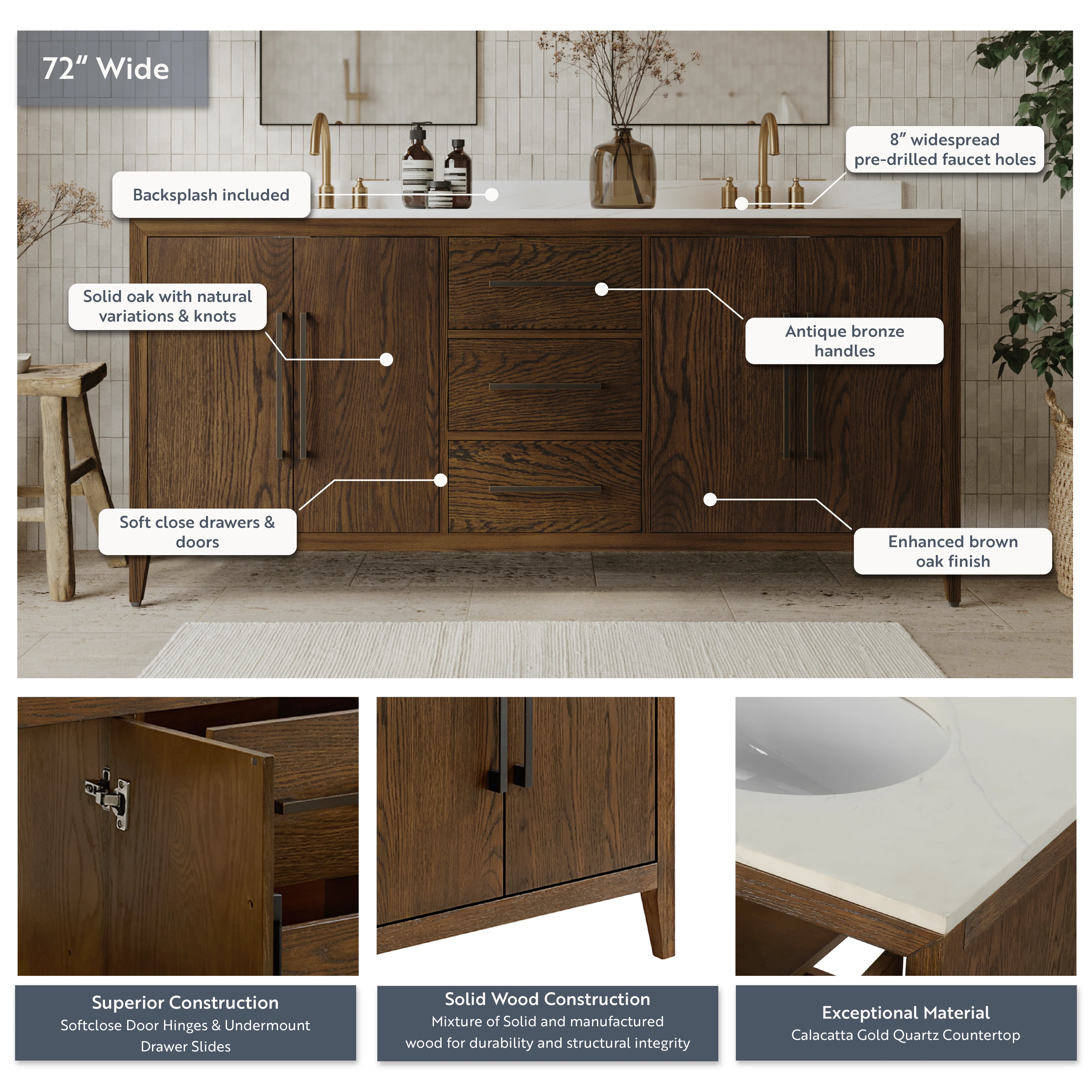 Bergen 72" Double Bathroom Vanity | Enhanced Brown Oak | Calacatta Gold Quartz - Image 4