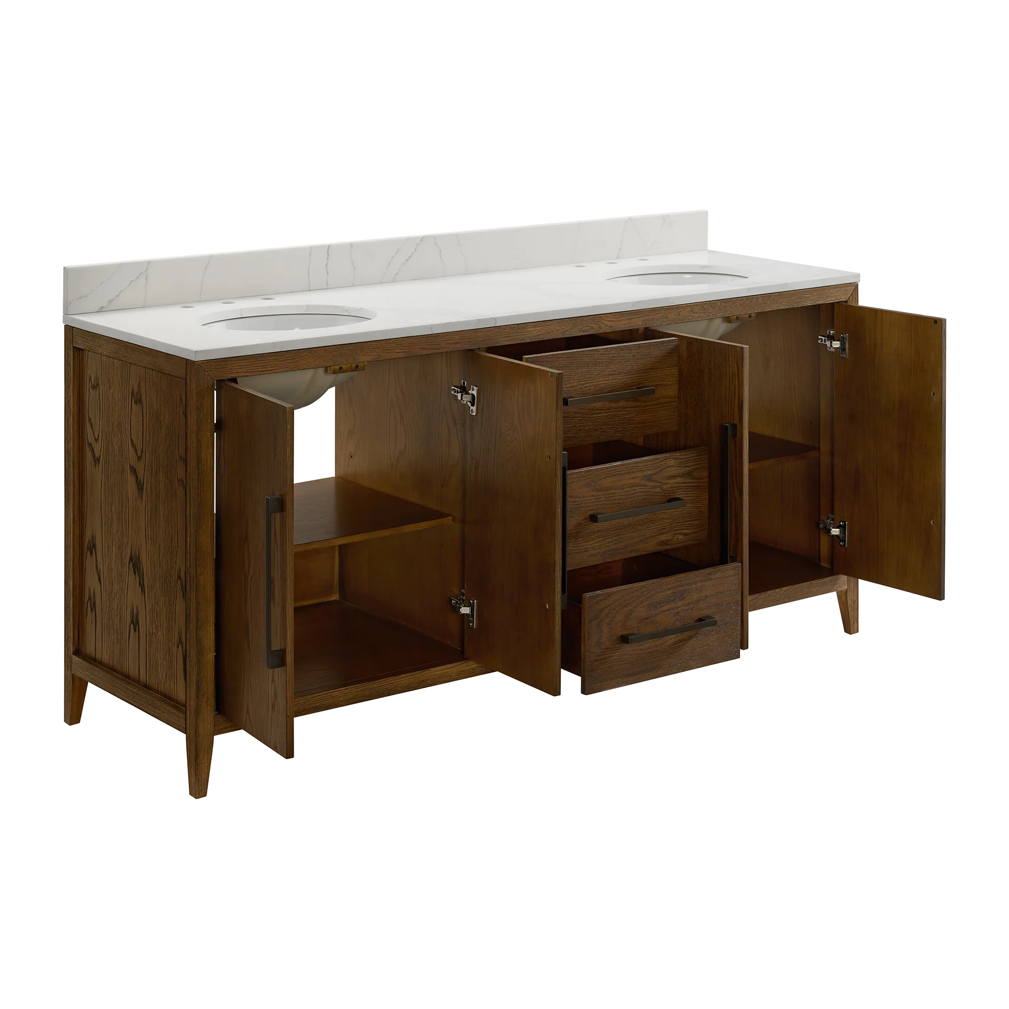 Bergen 72" Double Bathroom Vanity | Enhanced Brown Oak | Calacatta Gold Quartz - Image 7