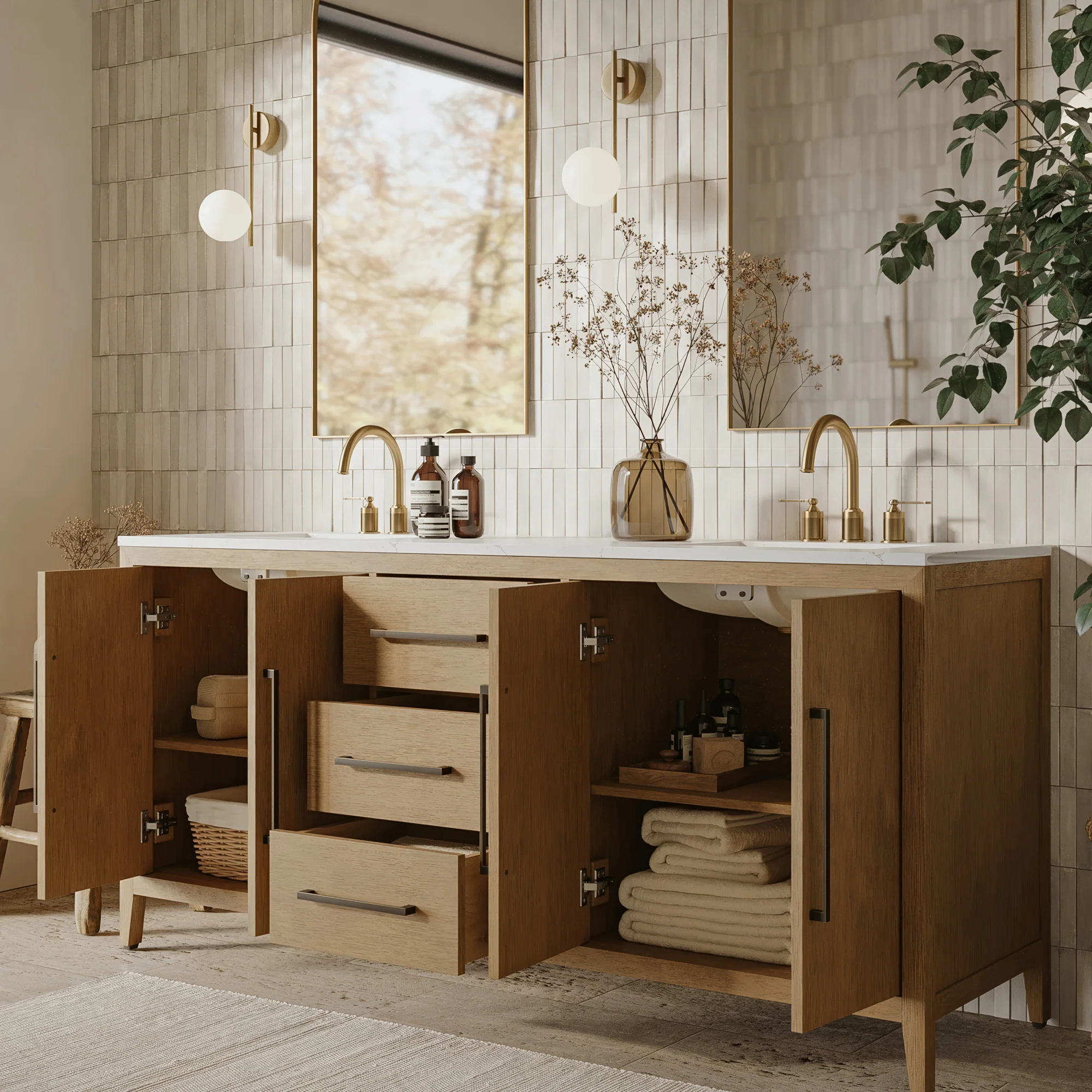 Bergen 72" Double Bathroom Vanity in Wire Brushed Oak | White Statuario Quartz Countertop - Image 3