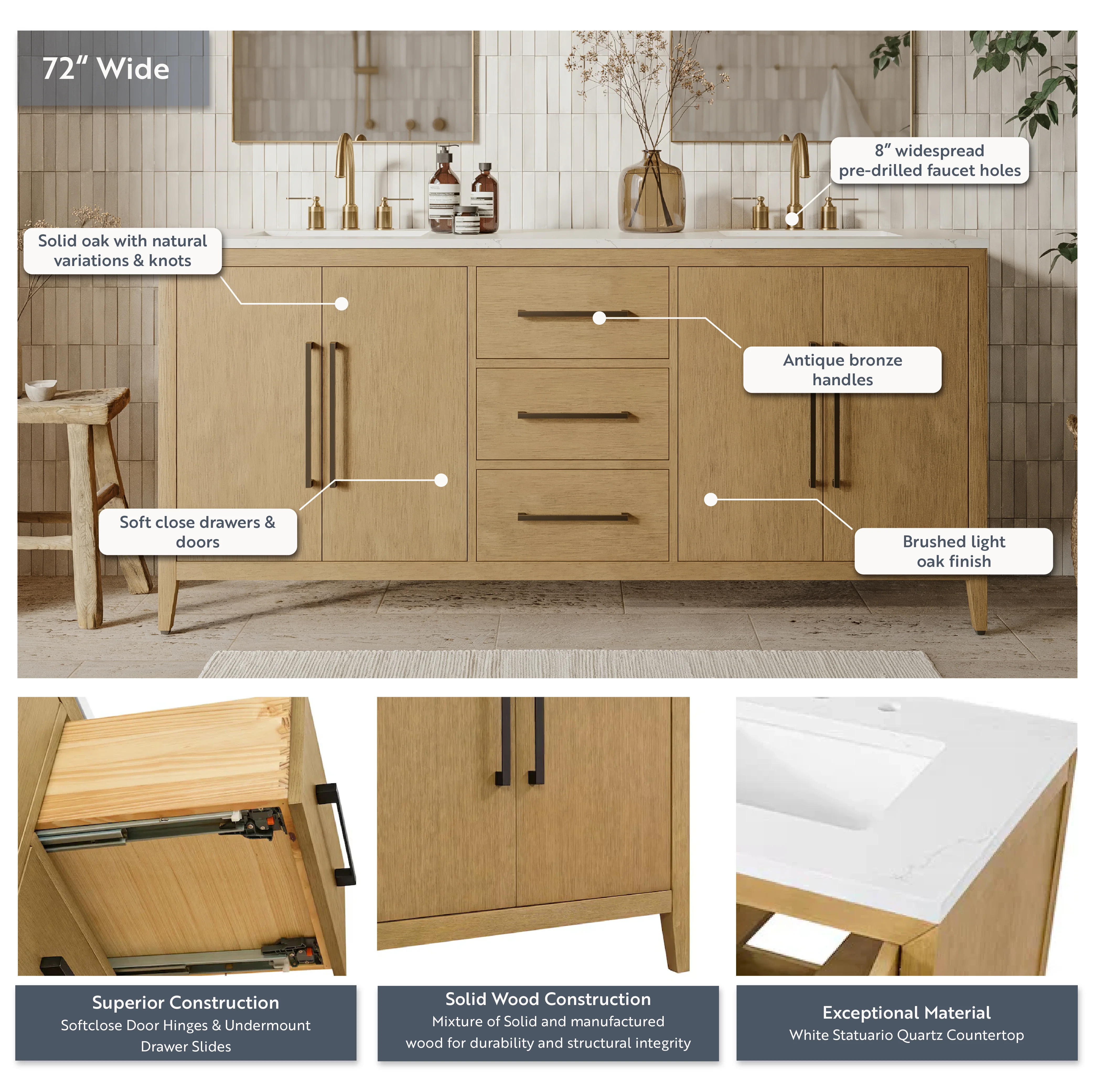 Bergen 72" Double Bathroom Vanity in Wire Brushed Oak | White Statuario Quartz Countertop - Image 4