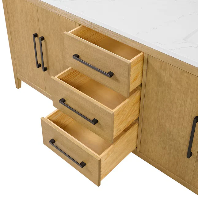 Bergen 72" Double Bathroom Vanity in Wire Brushed Oak | White Statuario Quartz Countertop - Image 6