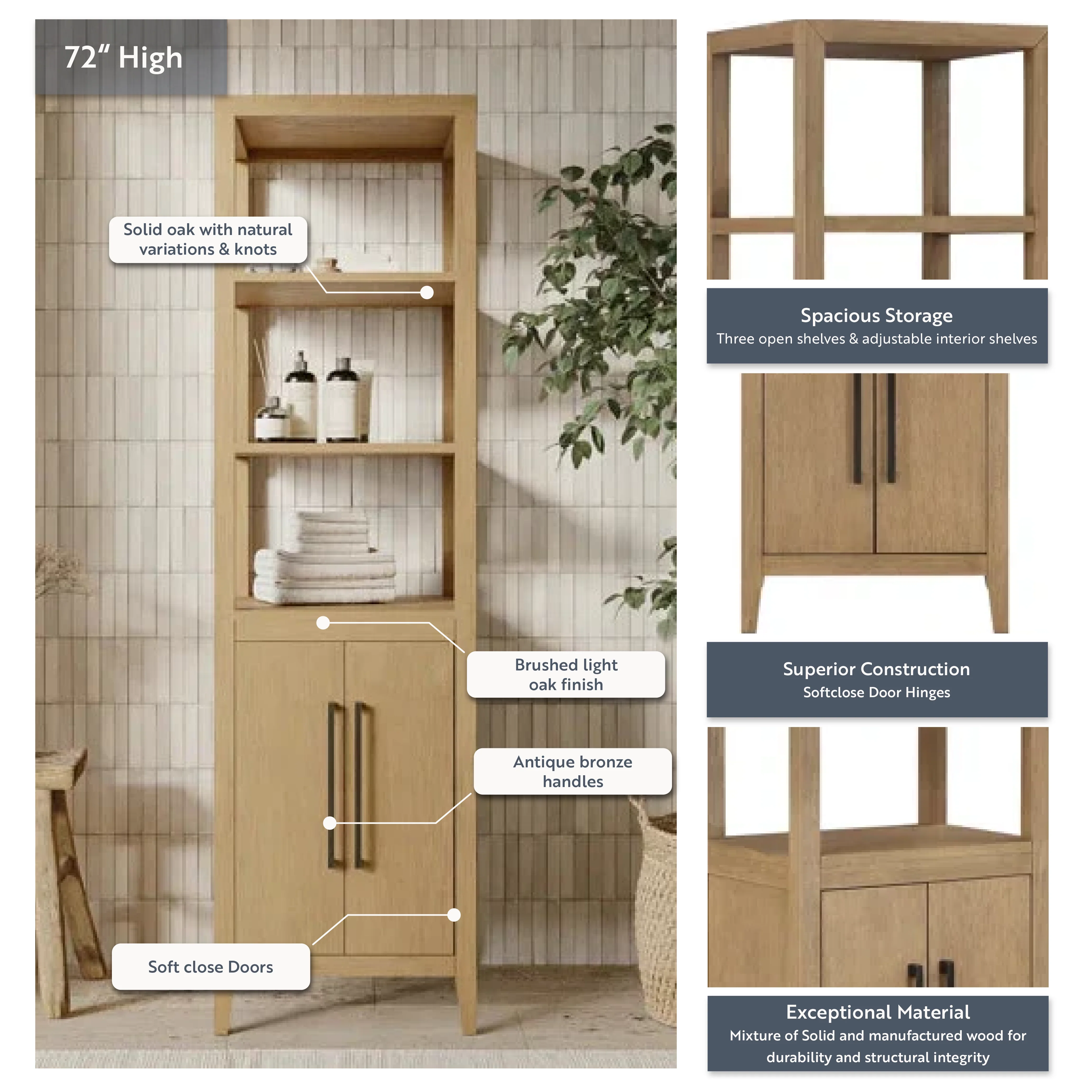 Bergen 72" H Linen Cabinet in Wire Brushed Oak - Image 4