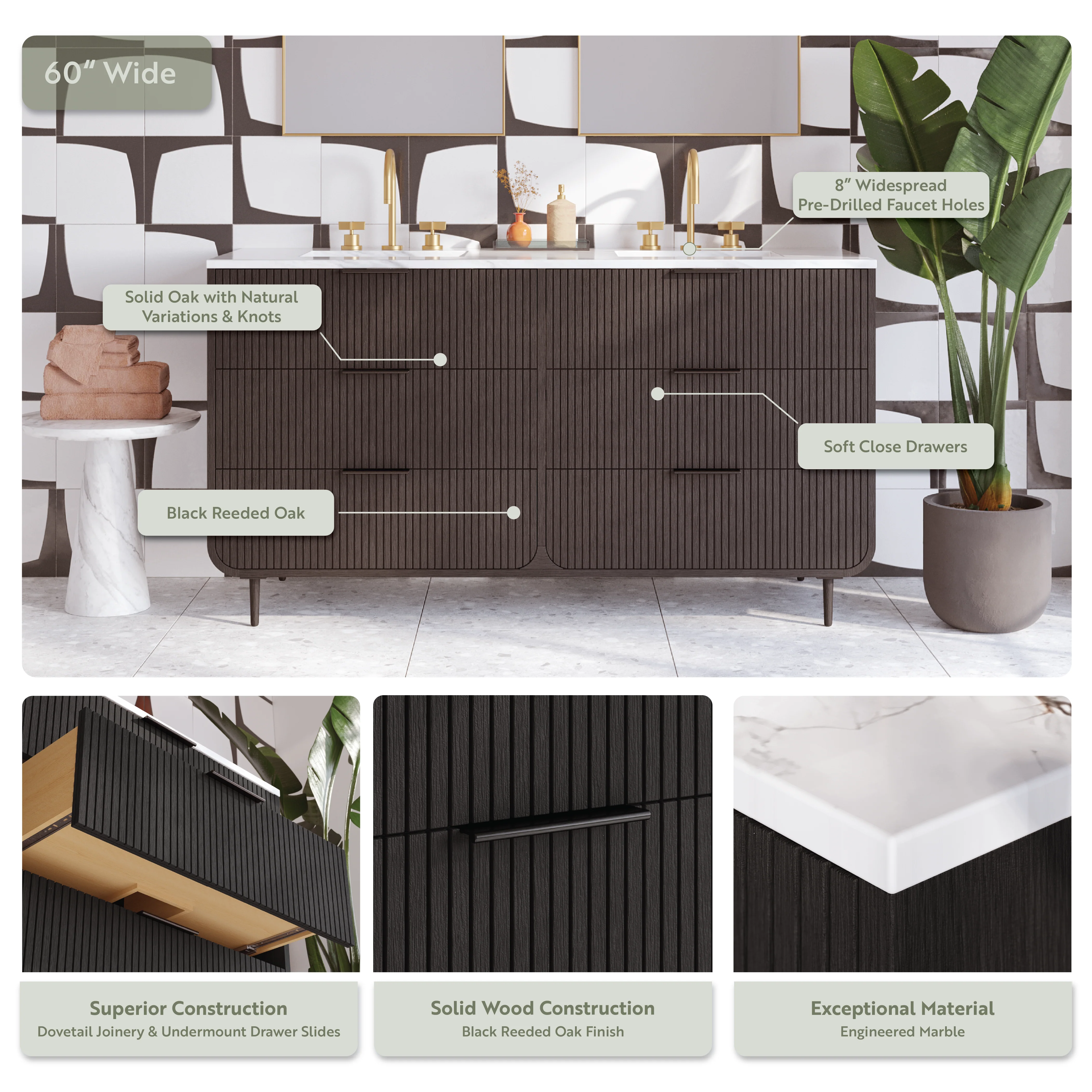 Bern 60" Reeded Black Oak Double Sink Bathroom Vanity | Engineered Marble Countertop - Image 4