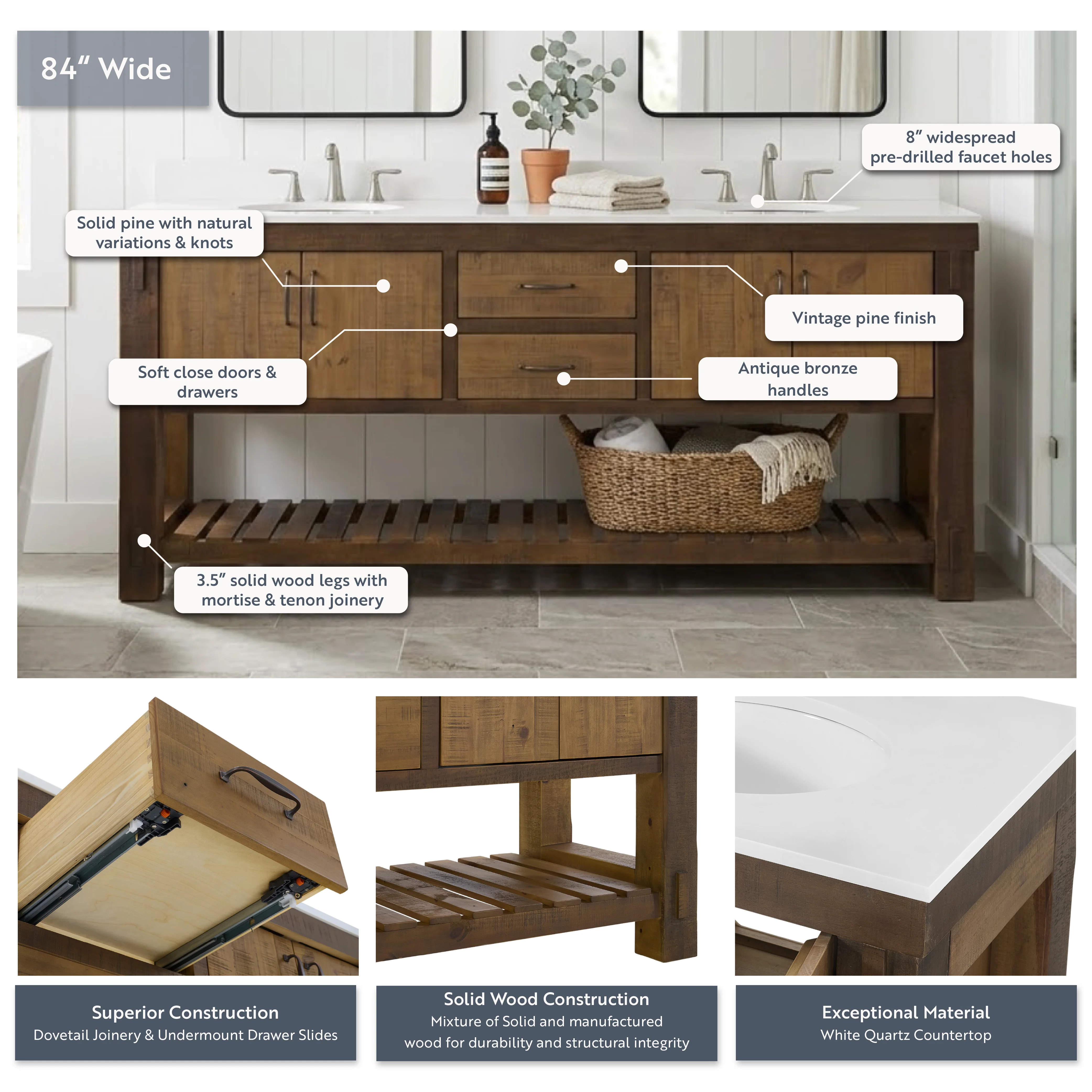 Telluride 84" Double Bathroom Vanity | Quartz Countertop - Image 4