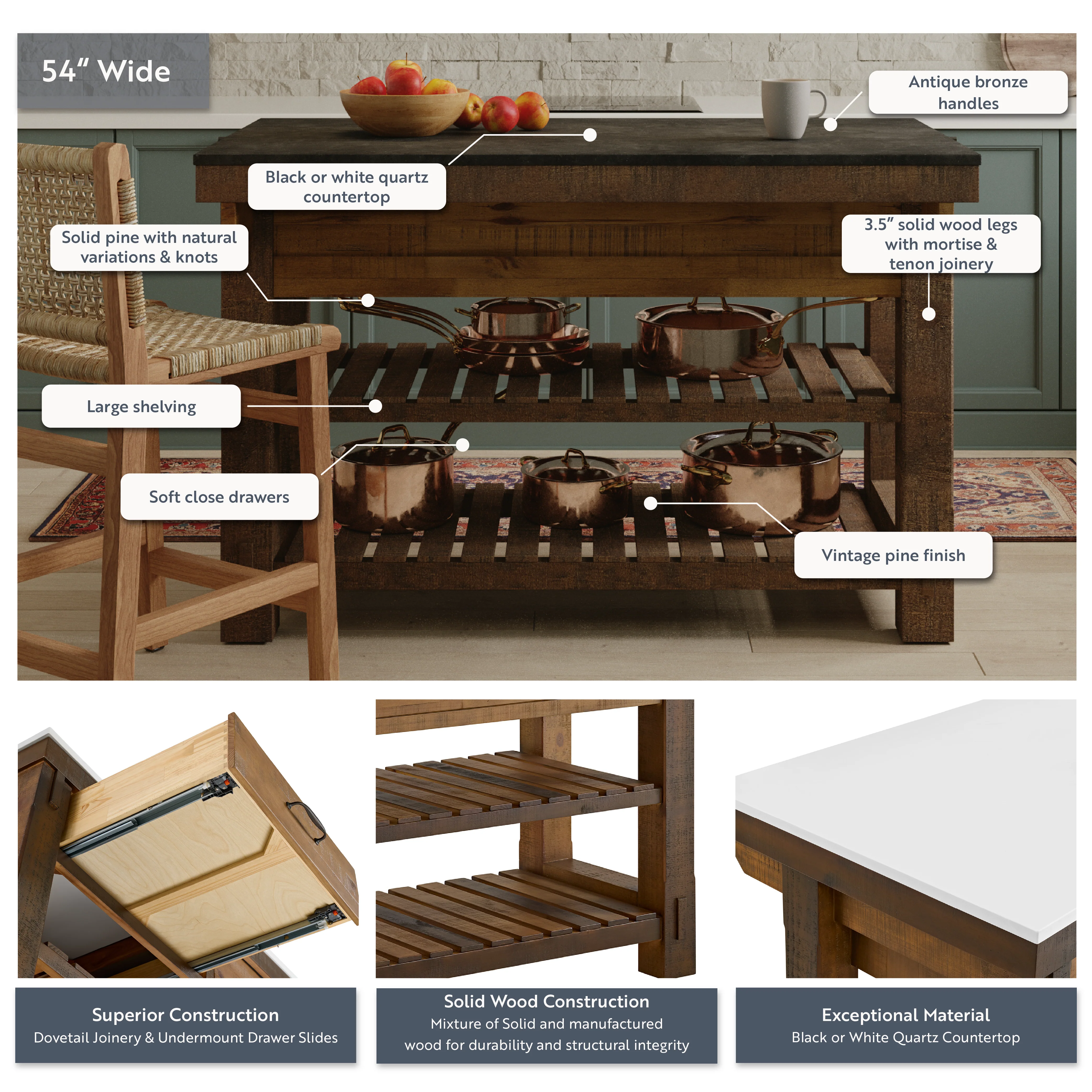 Telluride 54" Kitchen Island | Quartz Countertop - Image 4