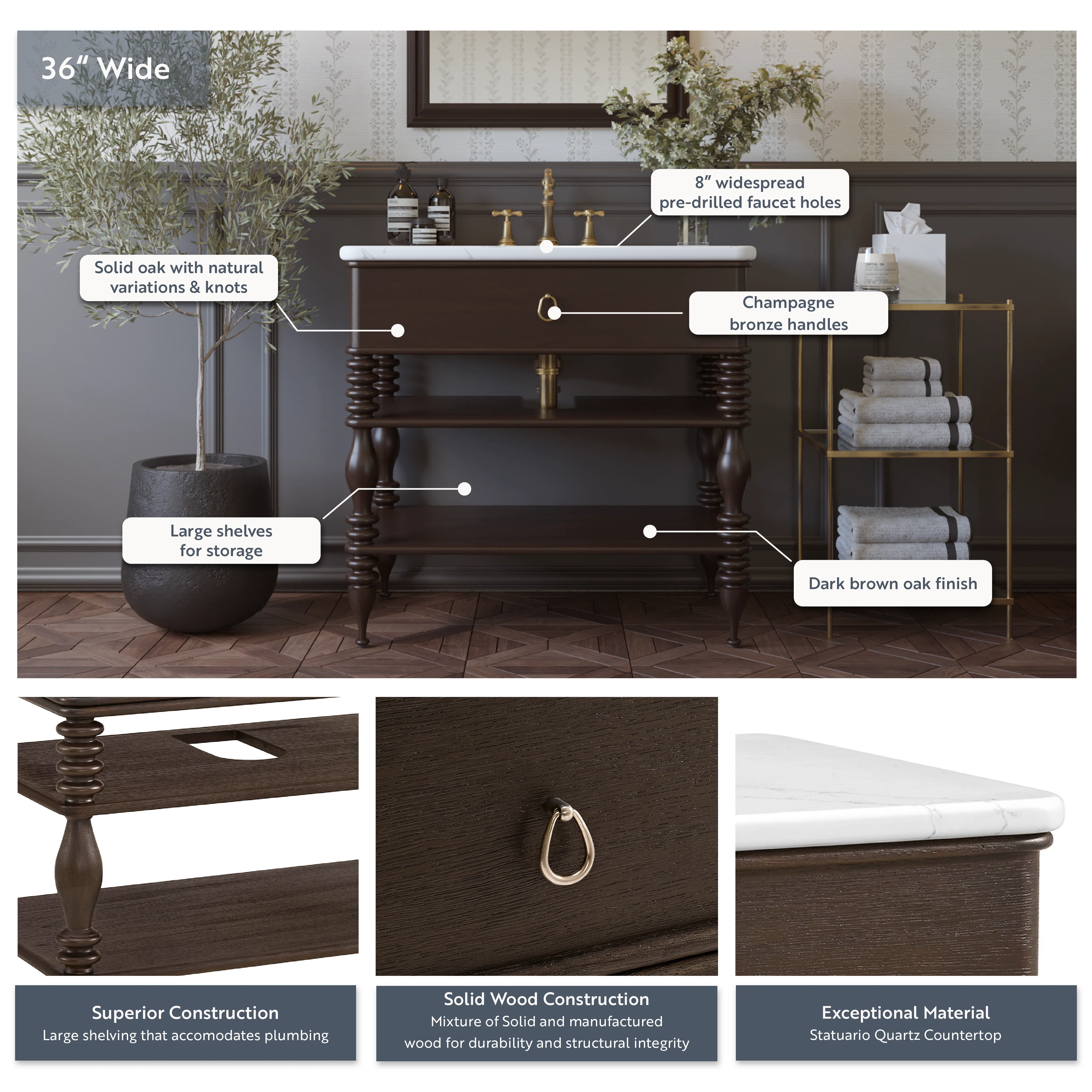 Chantilly 36" Single Sink Bathroom Vanity | Statuario Quartz Countertop - Image 4