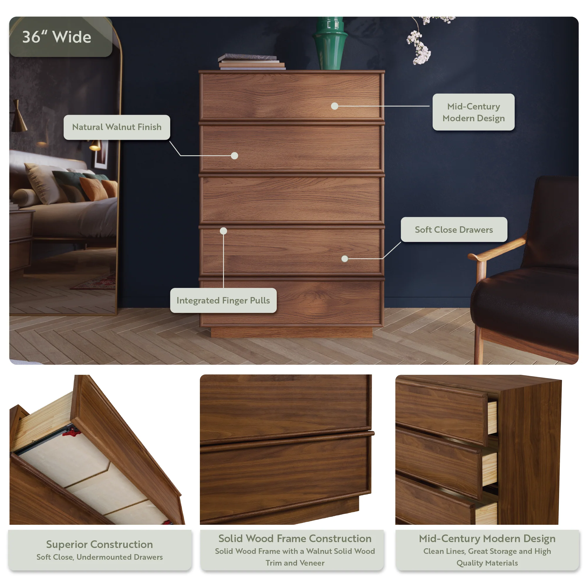 Cooper 36"  Five Drawer Tall Dresser in Natural Walnut - Image 4