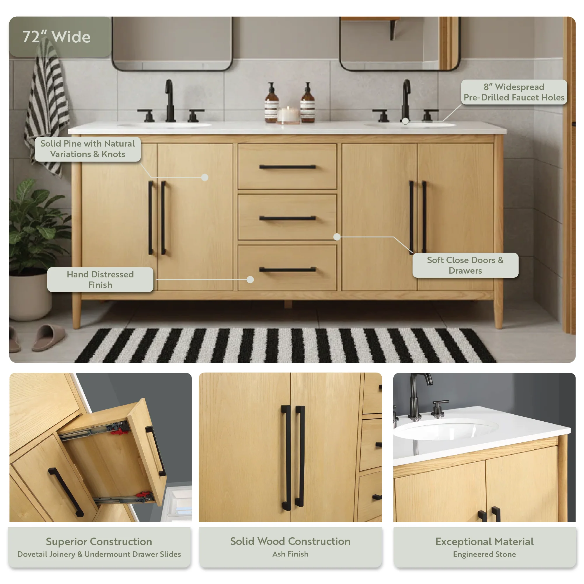 Clearance: Copenhagen 72" Double Bathroom Vanity in Natural Ash | Engineered Stone Countertop - Image 3