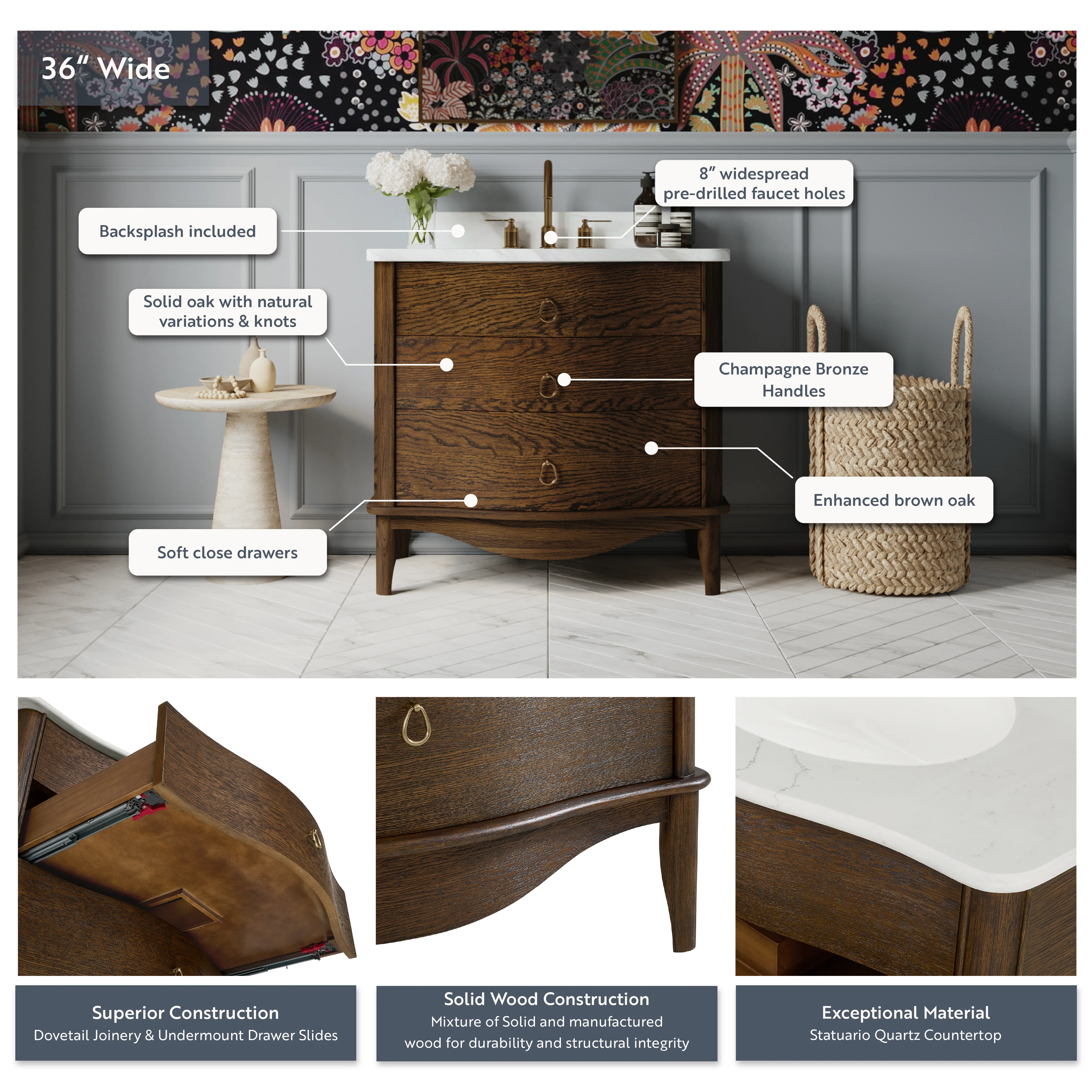 Grace 36" Single Bathroom Vanity | Statuario Quartz Countertop - Image 4