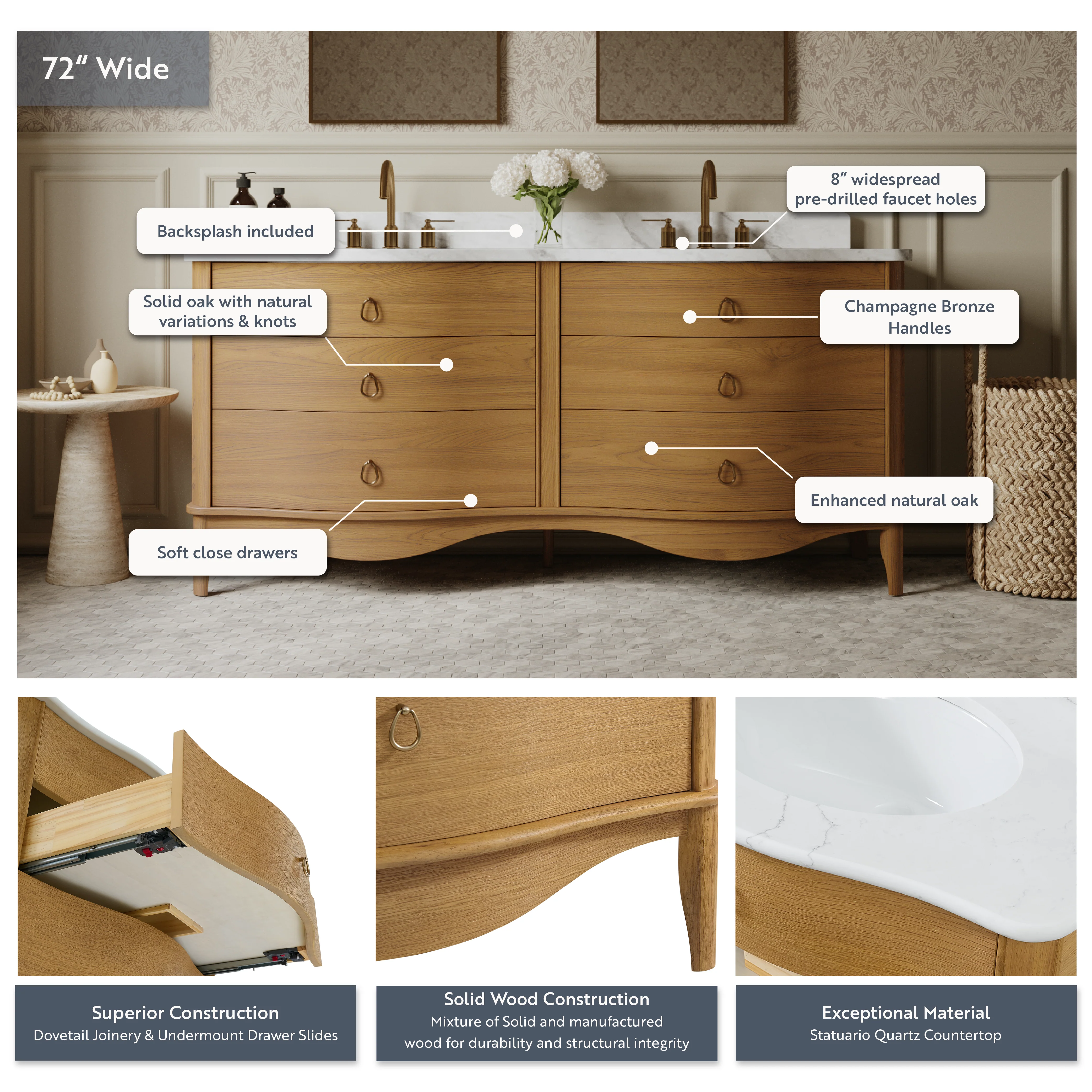 Grace 72" Double Bathroom Vanity | Statuario Quartz Countertop - Image 4
