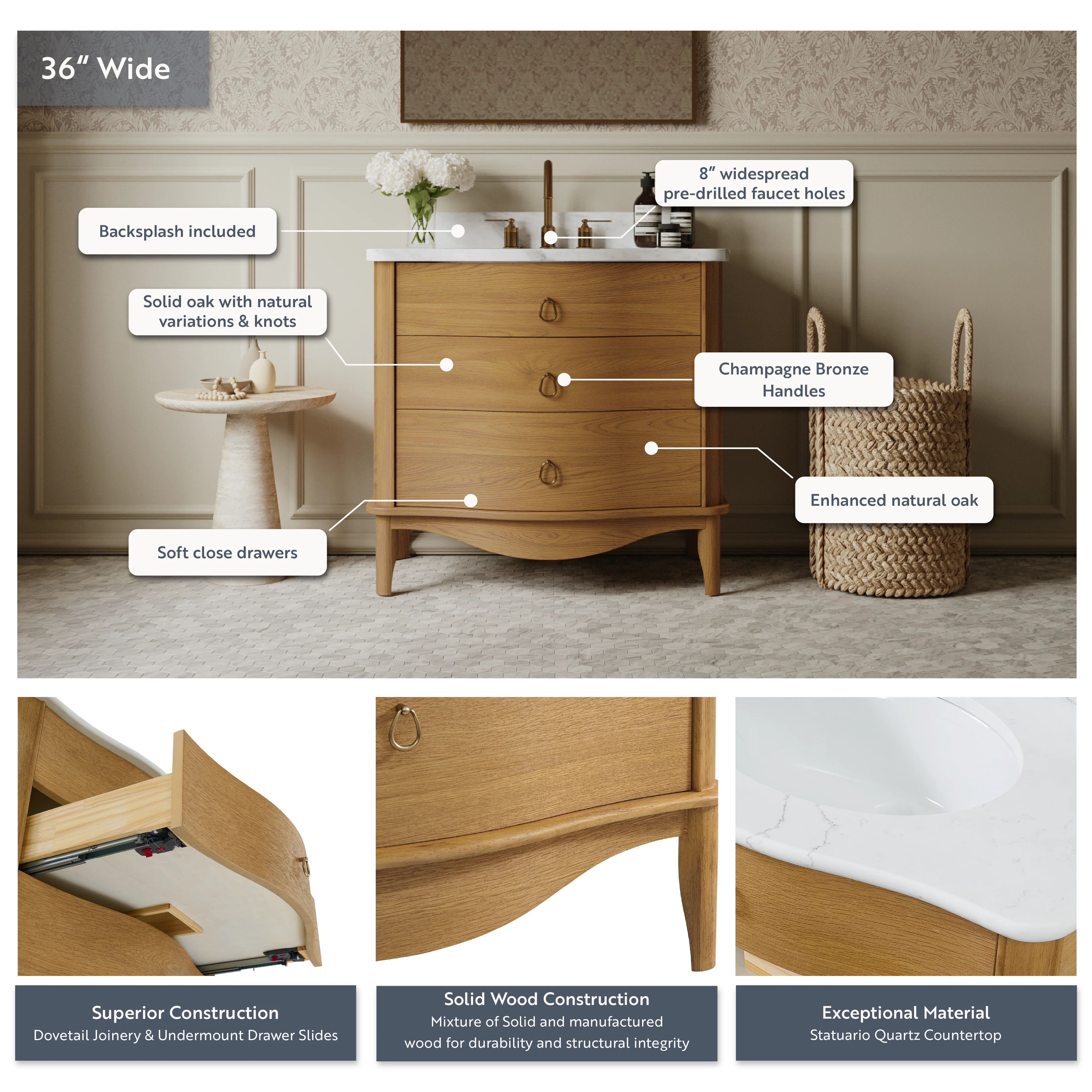 Grace 36" Single Bathroom Vanity | Statuario Quartz Countertop - Image 4