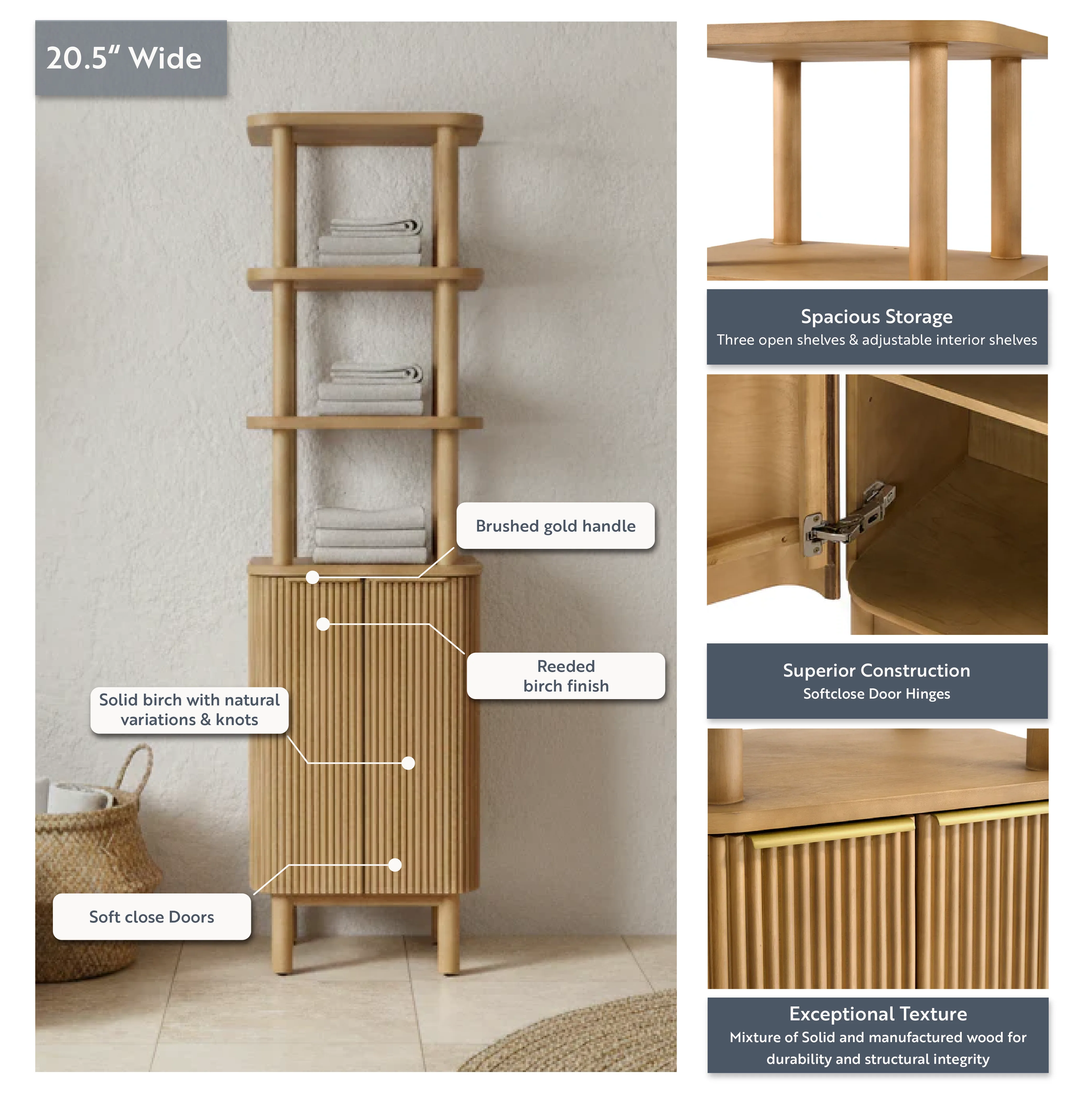 Havana 2-Door Reeded Freestanding Linen Cabinet - Image 4