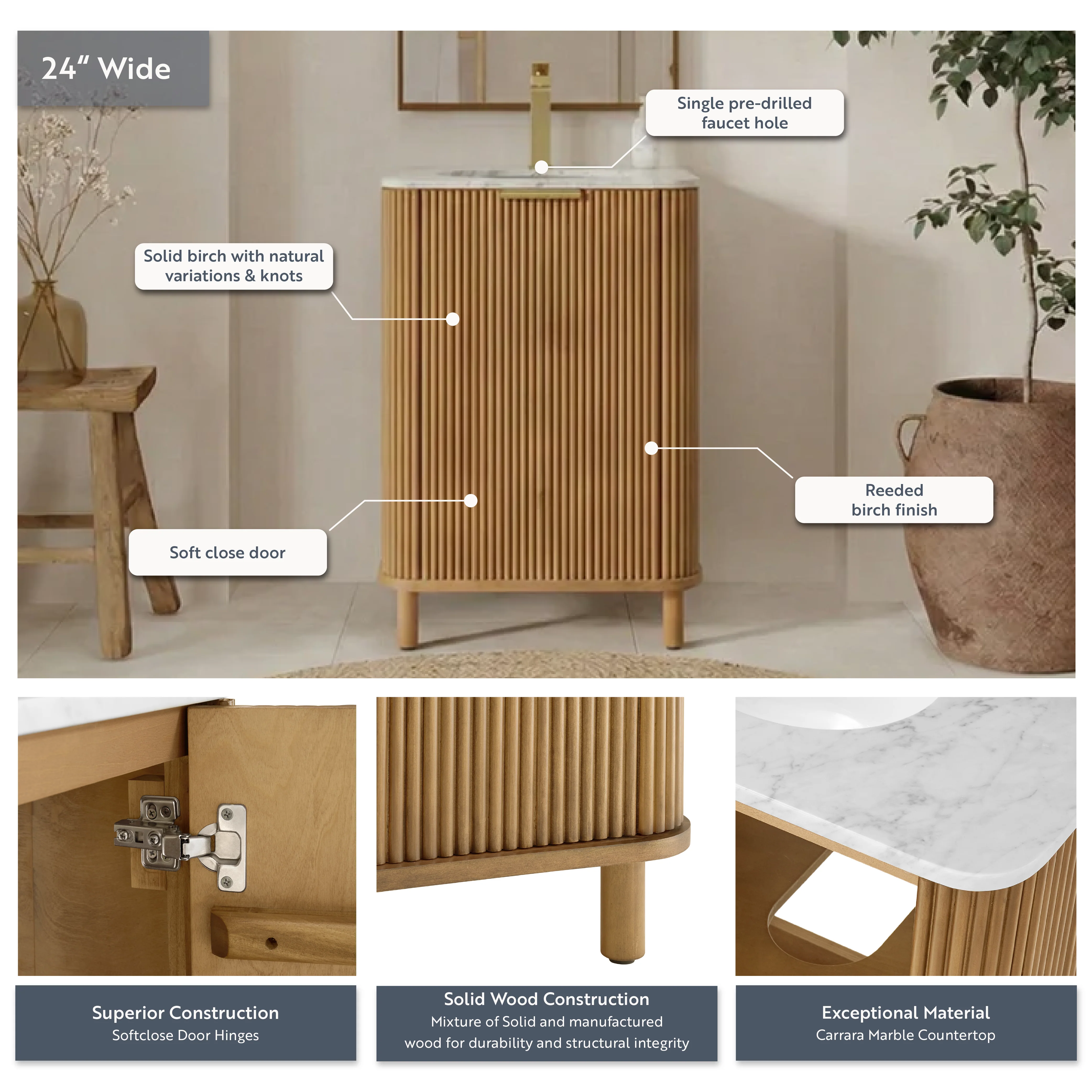 Havana 24"W x 18"D Single Bathroom Vanity in Reeded Birch | Carrara Marble Countertop - Image 4
