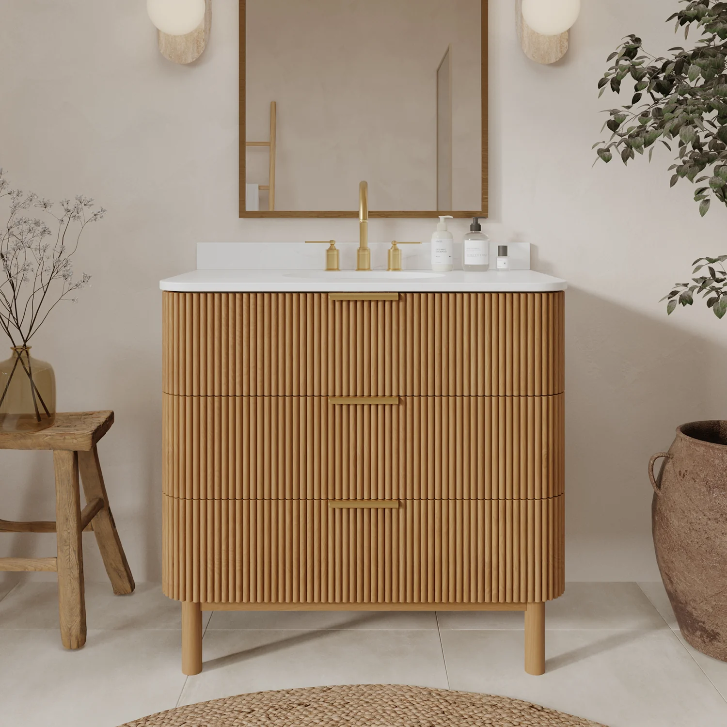 Havana 36" Single Bathroom Vanity in Reeded Birch | White Quartz Countertop