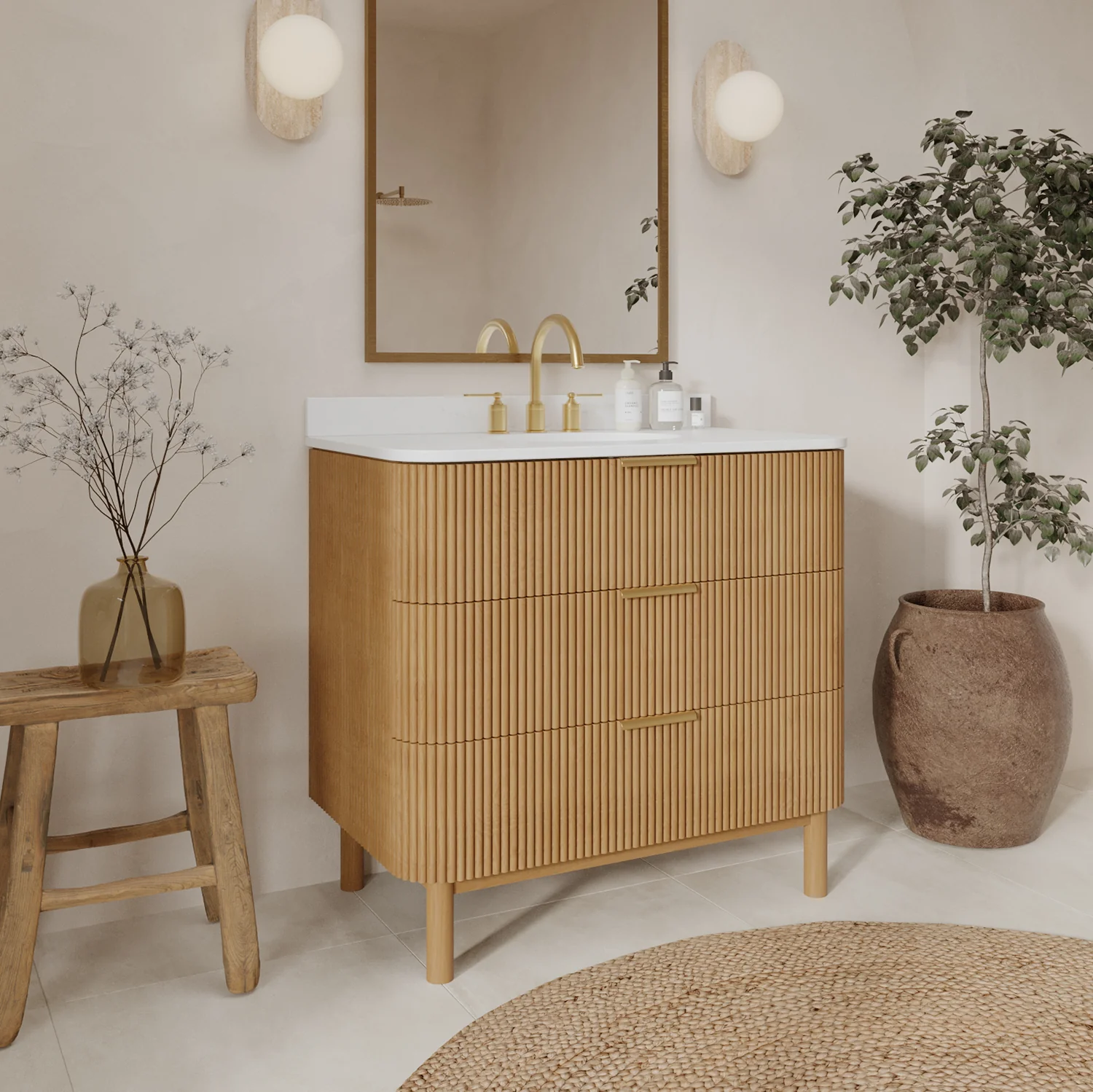 Havana 36" Single Bathroom Vanity in Reeded Birch | White Quartz Countertop - Image 2