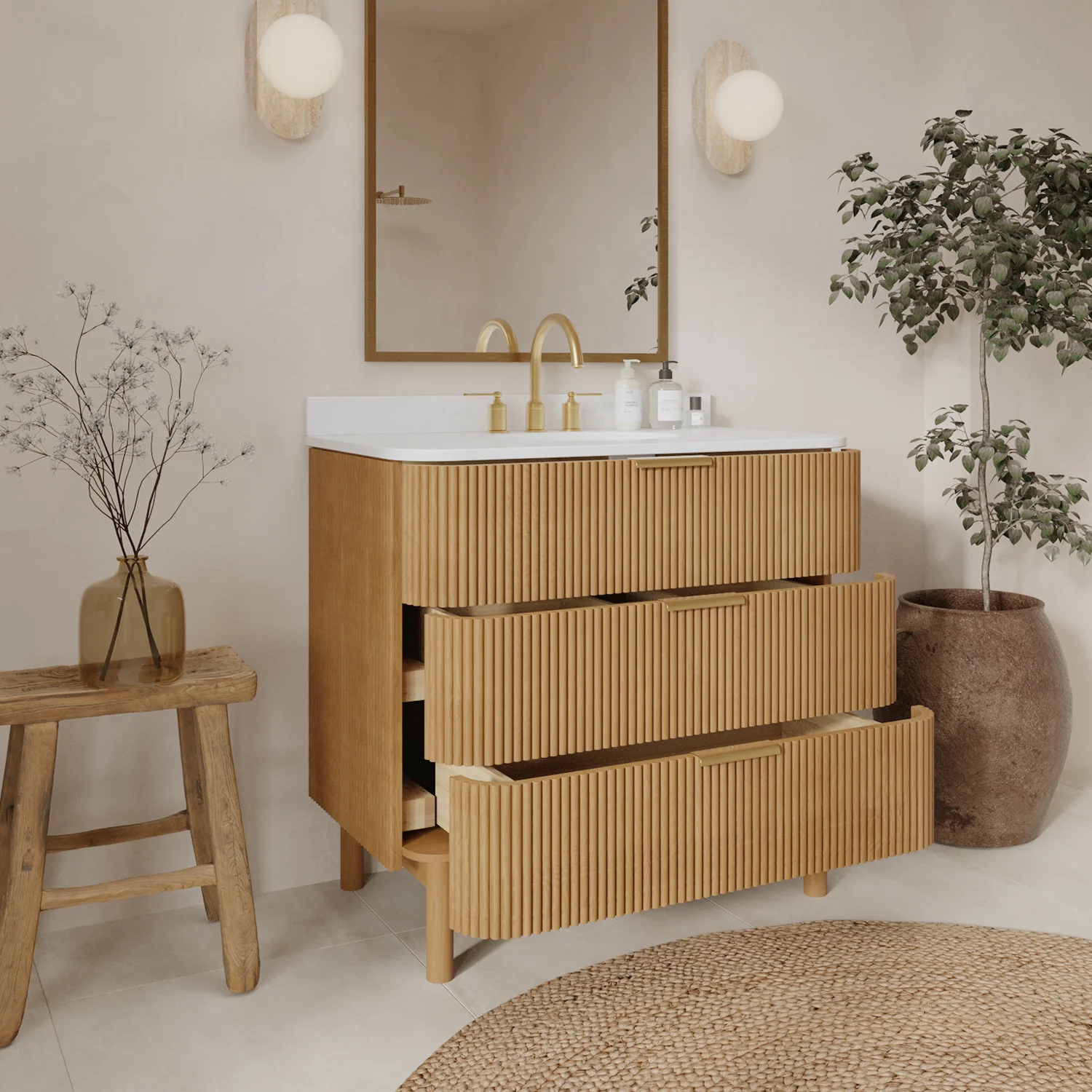 Havana 36" Single Bathroom Vanity in Reeded Birch | White Quartz Countertop - Image 3