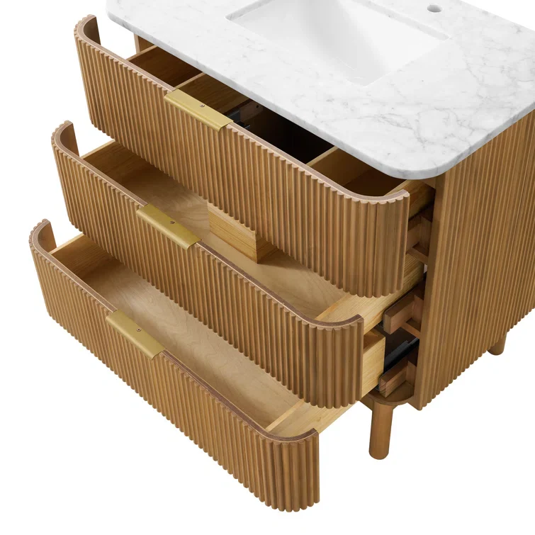 Havana 36" Single Bathroom Vanity in Reeded Birch | Carrara Marble Countertop - Image 5