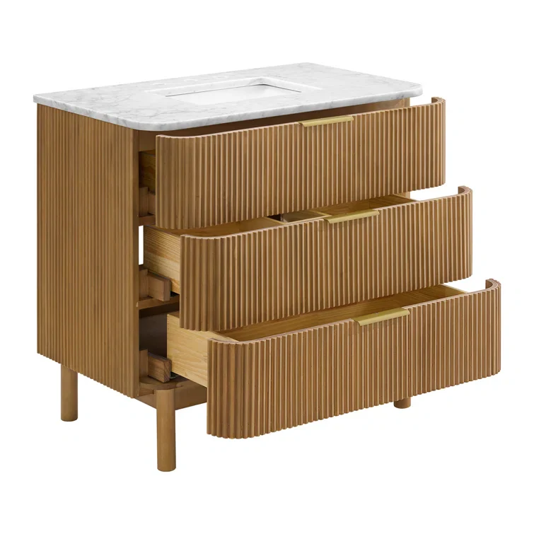 Havana 36" Single Bathroom Vanity in Reeded Birch | Carrara Marble Countertop - Image 7