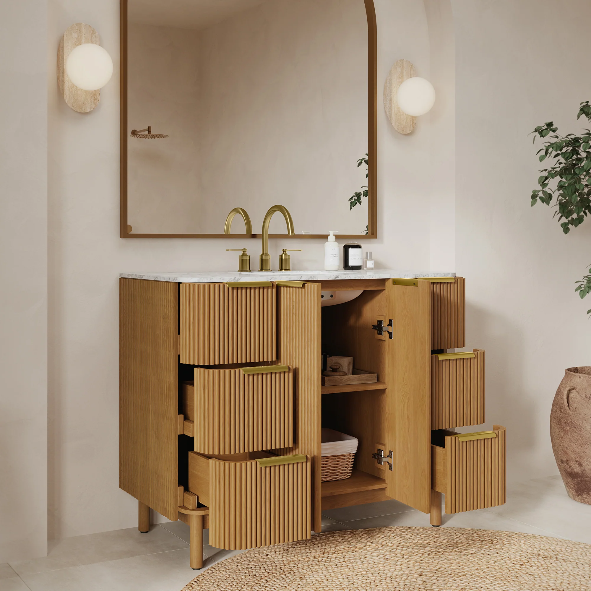 Havana 42" Single Bathroom Vanity in Reeded Birch | Quartz Countertop - Image 3