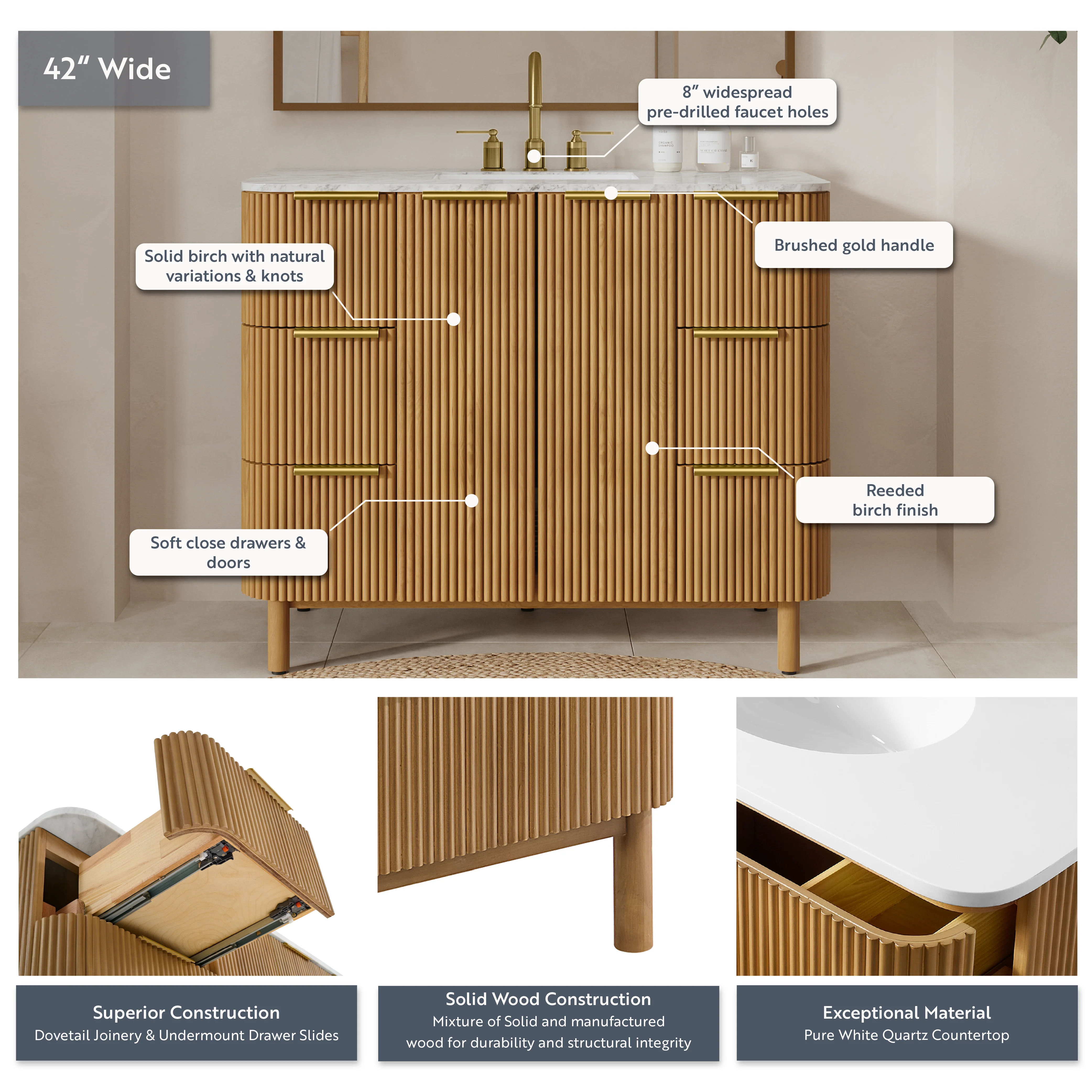Havana 42" Single Bathroom Vanity in Reeded Birch | Quartz Countertop - Image 4