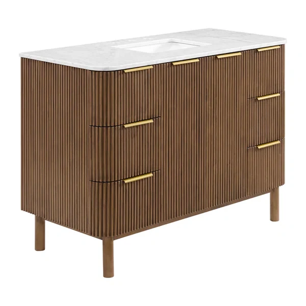 Havana 42" Single Bathroom Vanity in Brown Reeded Birch | Carrara Marble Countertop - Image 11