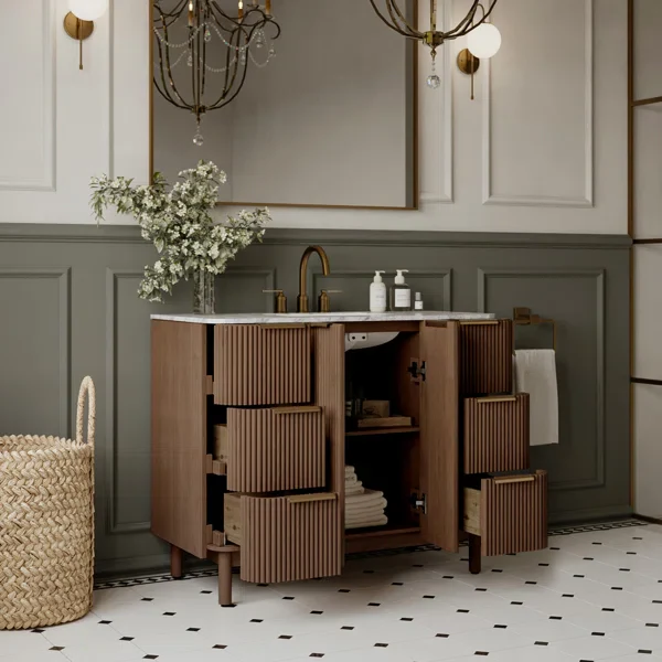 Havana 42" Single Bathroom Vanity in Brown Reeded Birch | Carrara Marble Countertop - Image 3