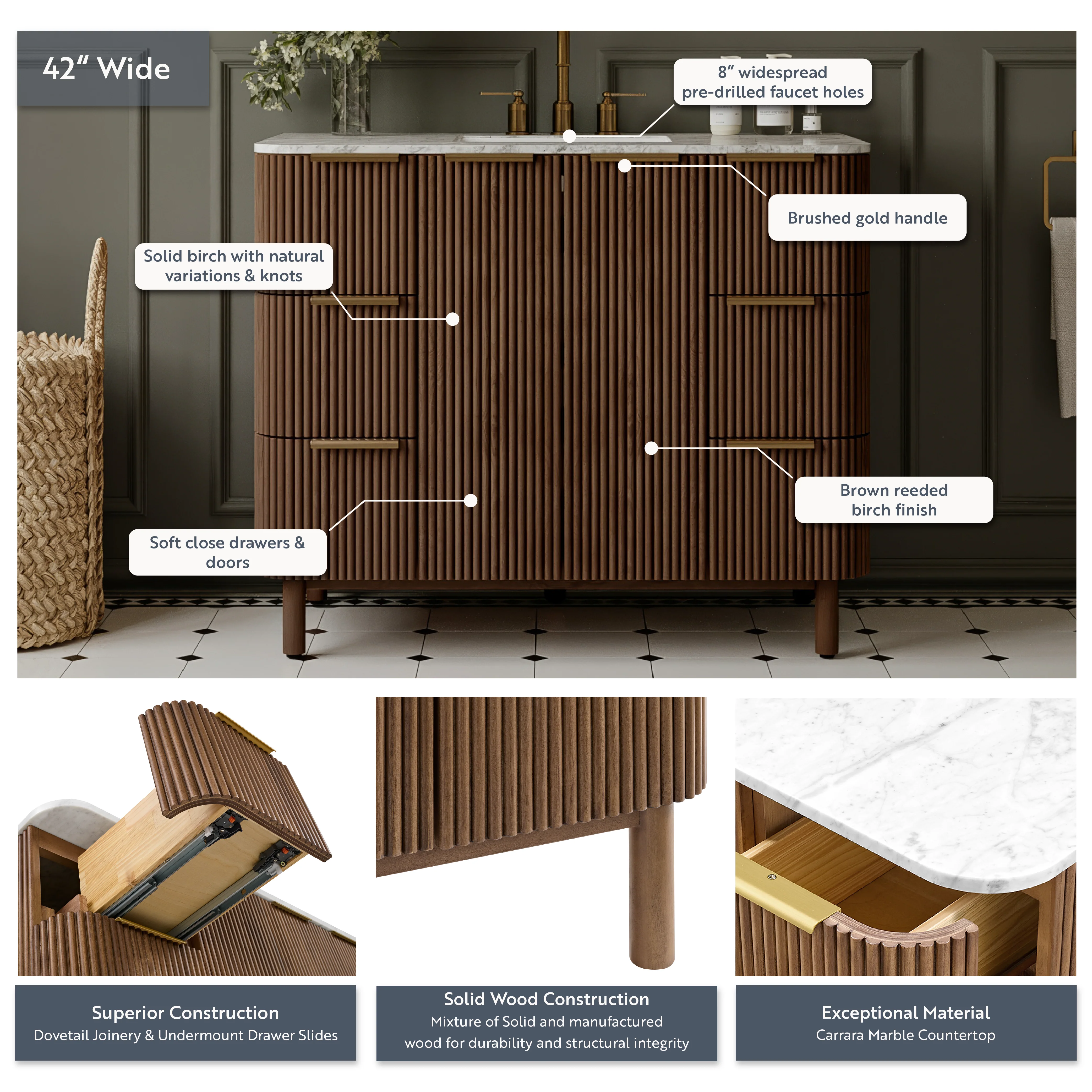 Havana 42" Single Bathroom Vanity in Brown Reeded Birch | Carrara Marble Countertop - Image 4