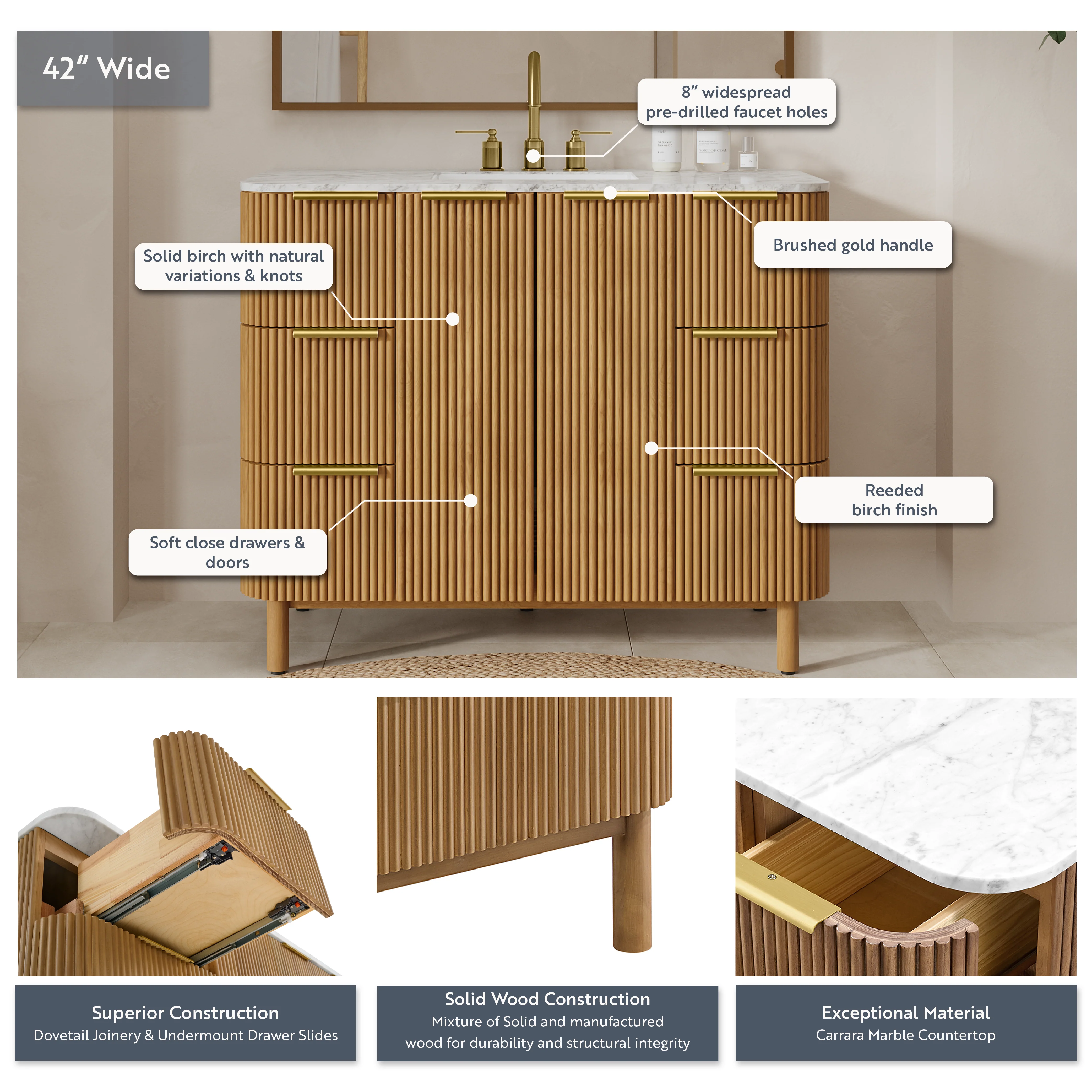 Havana 42" Single Bathroom Vanity in Reeded Birch | Carrara Marble Countertop - Image 4