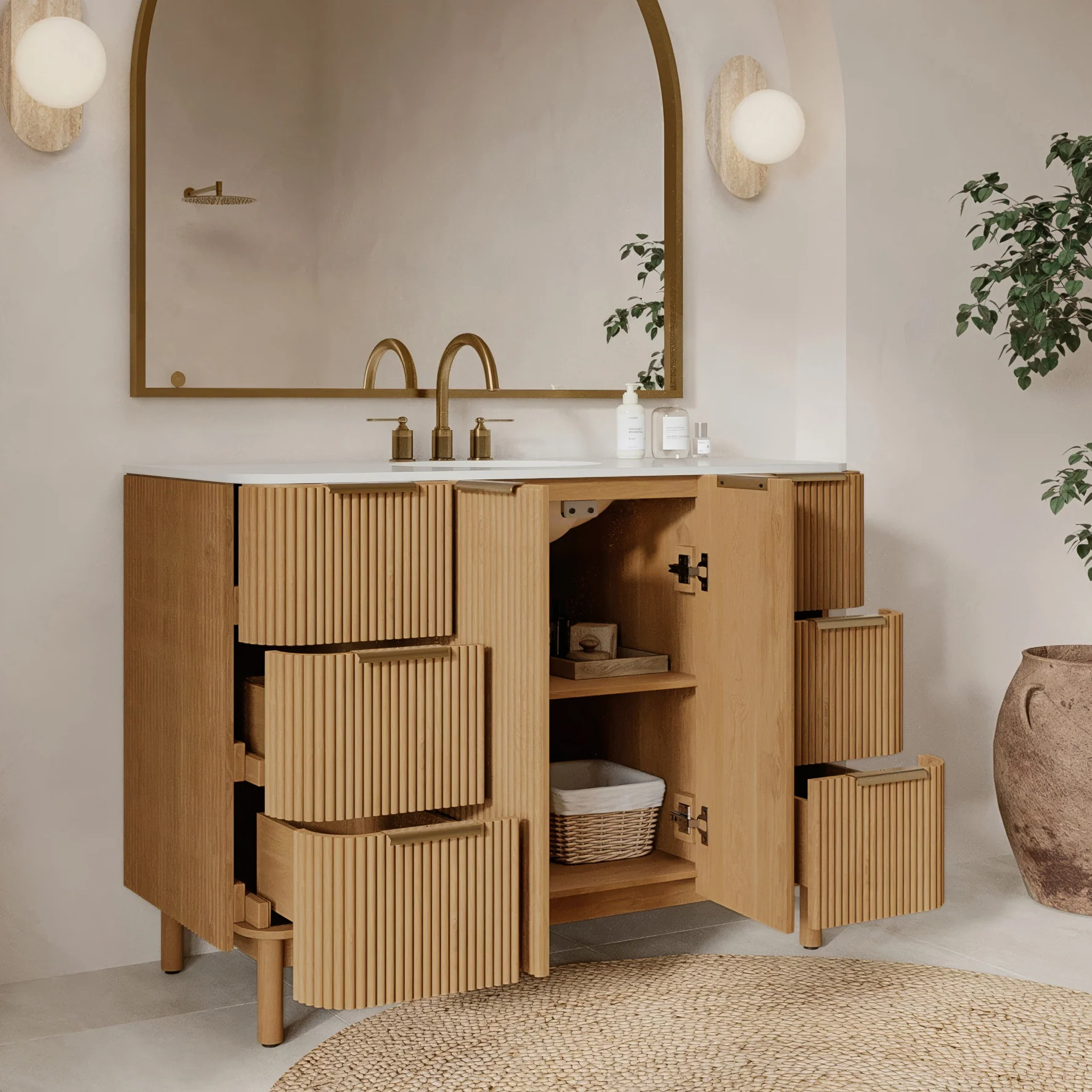 Havana 48" Single Bathroom Vanity in Reeded Birch | Quartz Countertop - Image 3