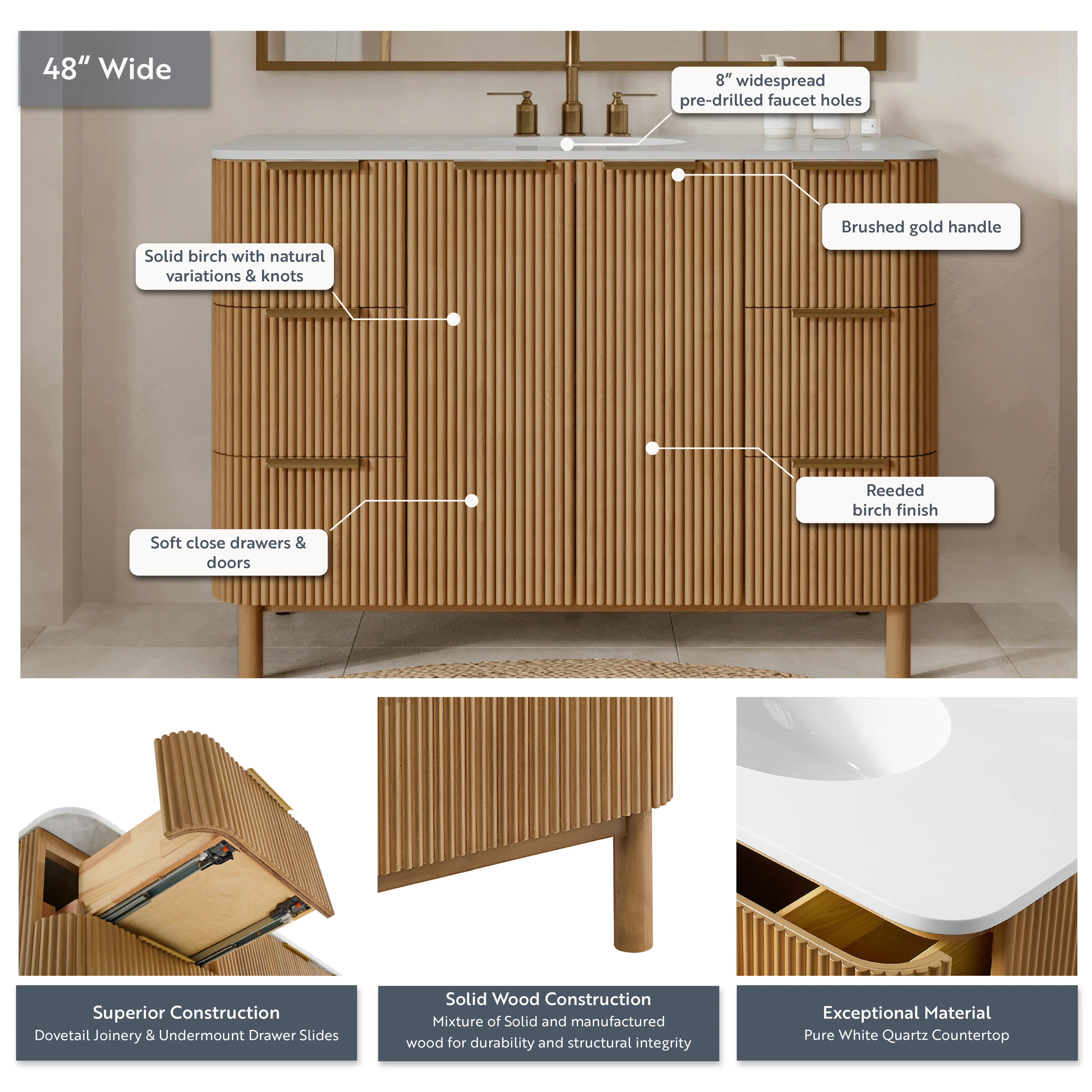 Havana 48" Single Bathroom Vanity in Reeded Birch | Quartz Countertop - Image 4