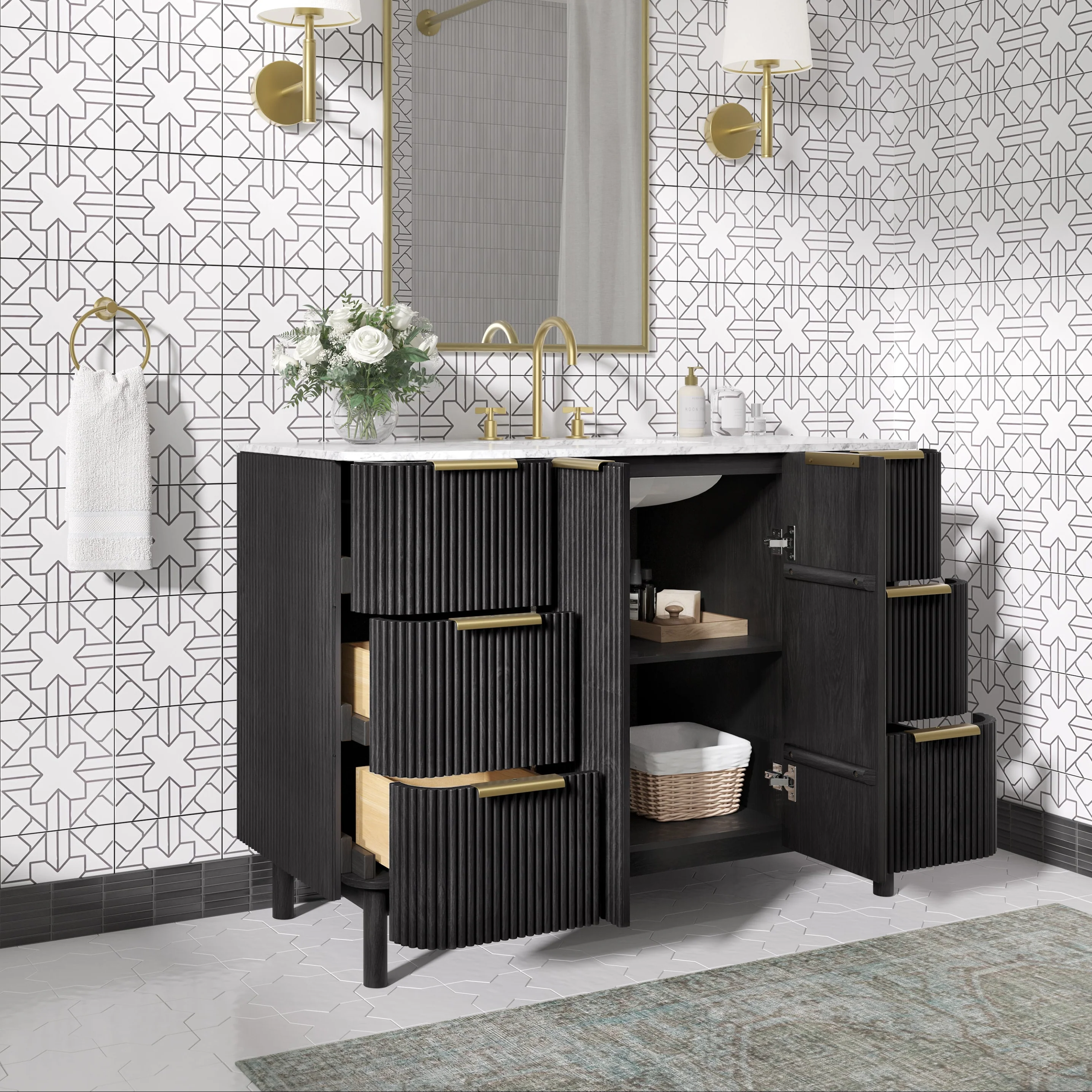 Havana 48" Single Bathroom Vanity in Black Reeded Birch | Carrara Marble Countertop - Image 3