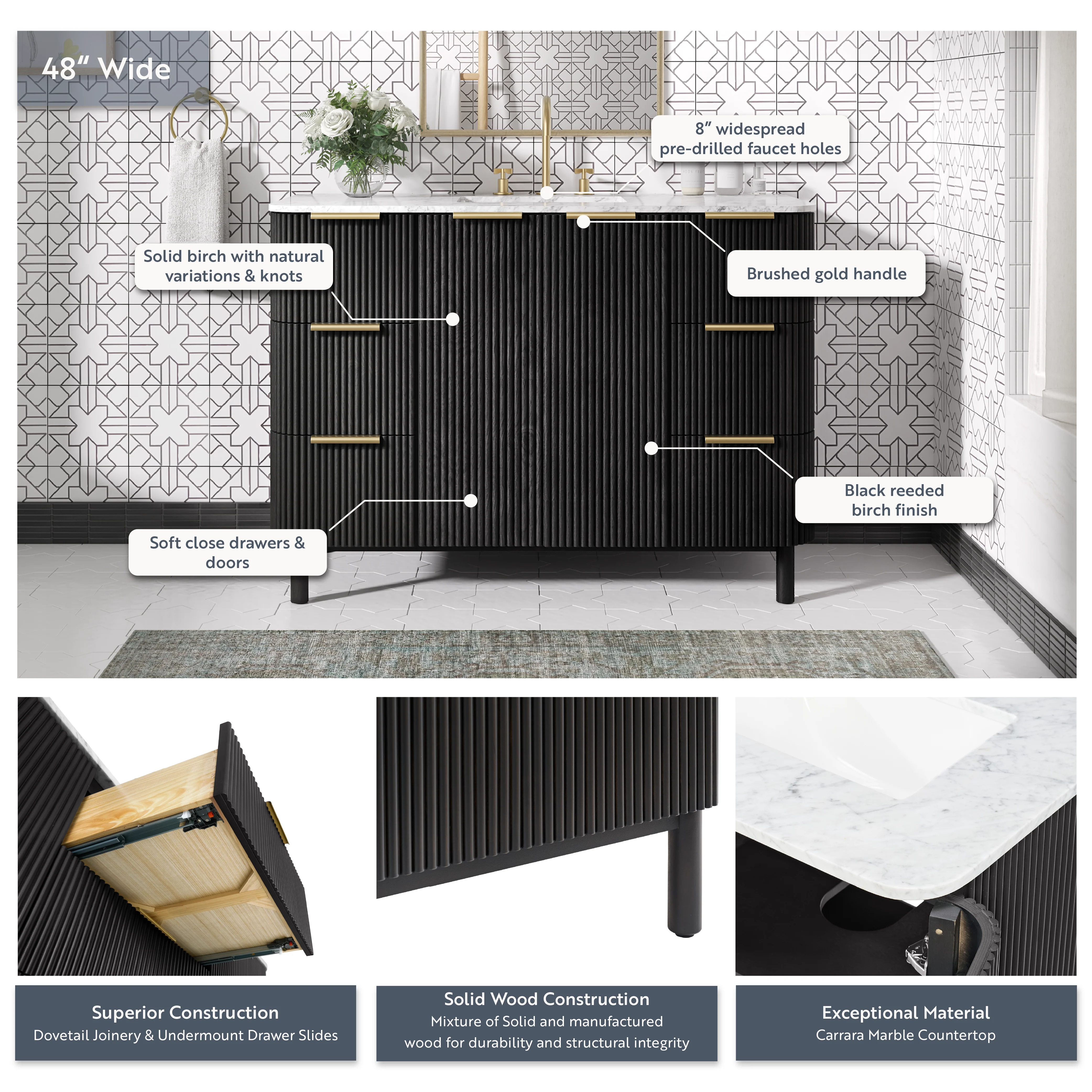 Havana 48" Single Bathroom Vanity in Black Reeded Birch | Carrara Marble Countertop - Image 4
