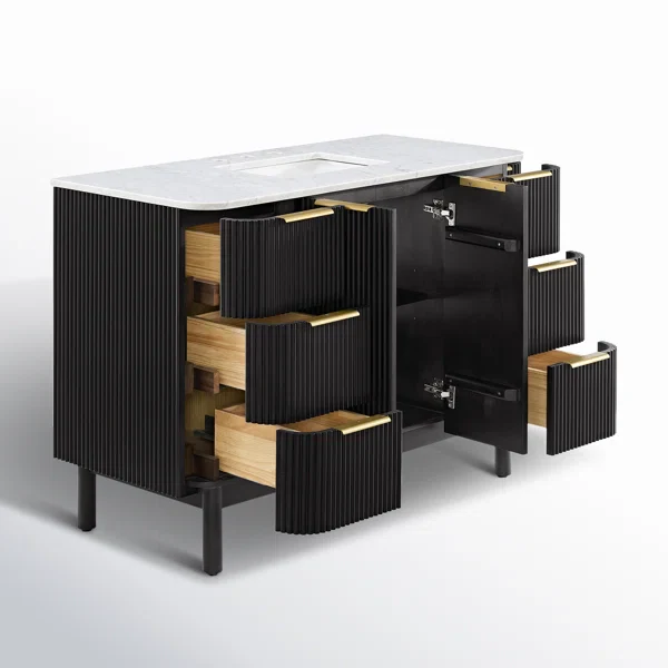 Havana 48" Single Bathroom Vanity in Black Reeded Birch | Carrara Marble Countertop - Image 5