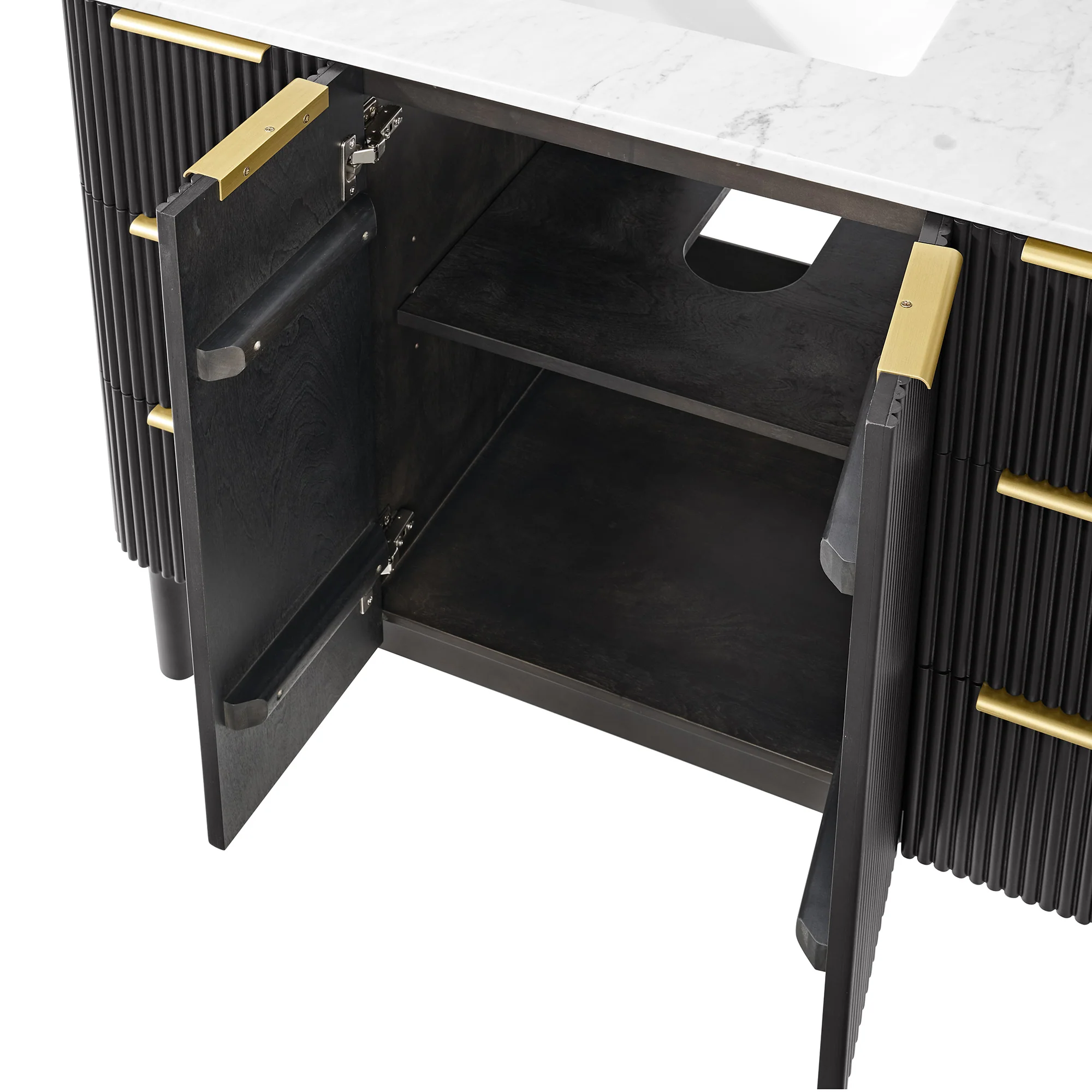 Havana 48" Single Bathroom Vanity in Black Reeded Birch | Carrara Marble Countertop - Image 6