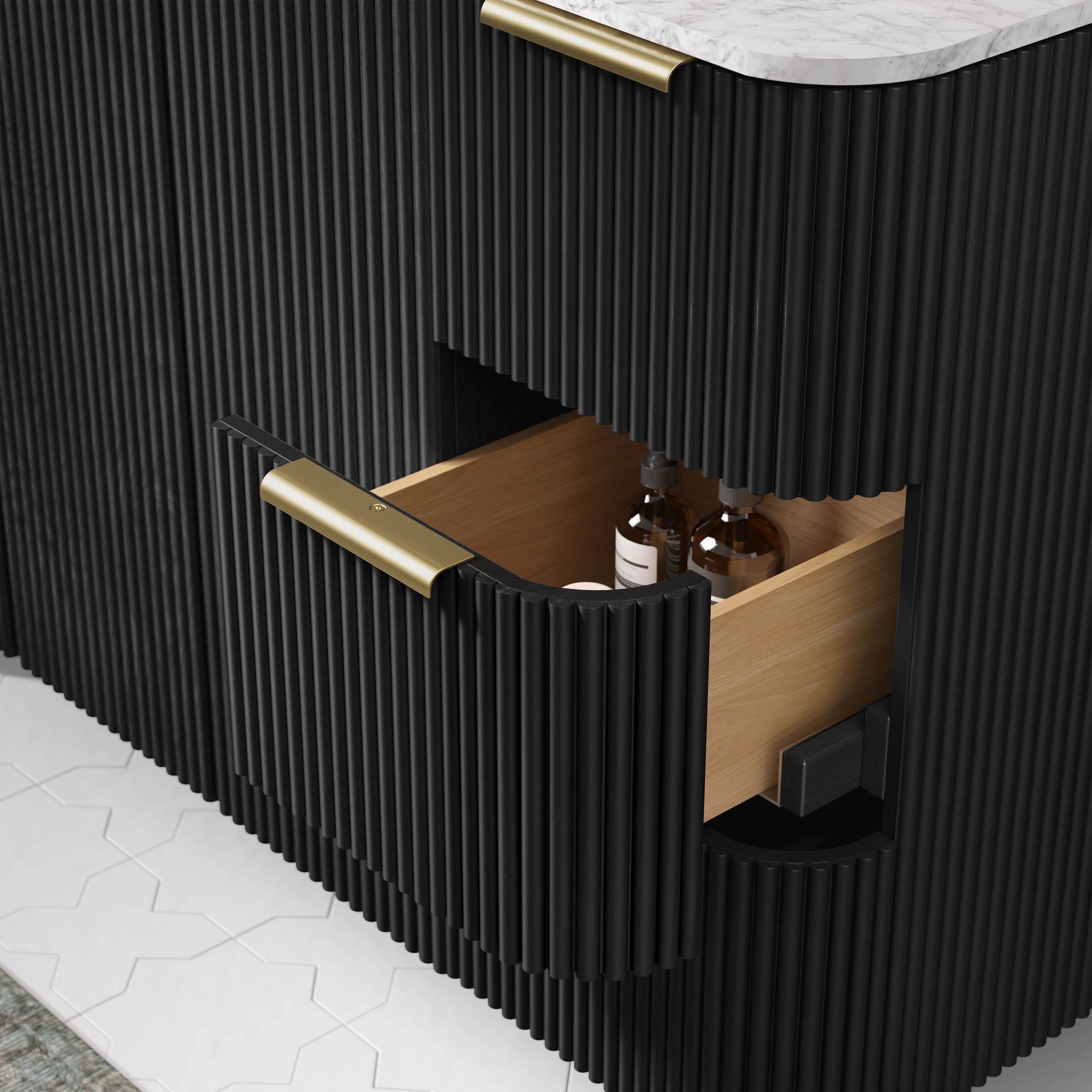 Havana 48" Single Bathroom Vanity in Black Reeded Birch | Carrara Marble Countertop - Image 8