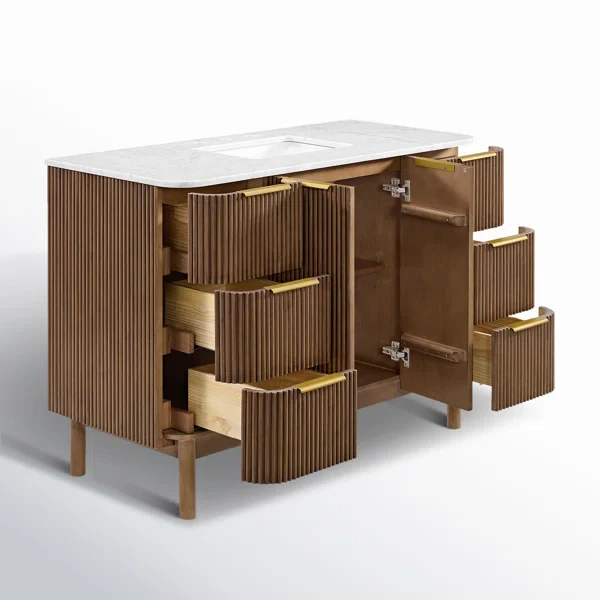 Havana 48" Single Bathroom Vanity in Brown Reeded Birch | Carrara Marble Countertop - Image 10