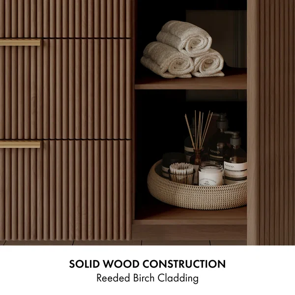 Havana 48" Single Bathroom Vanity in Brown Reeded Birch | Carrara Marble Countertop - Image 12