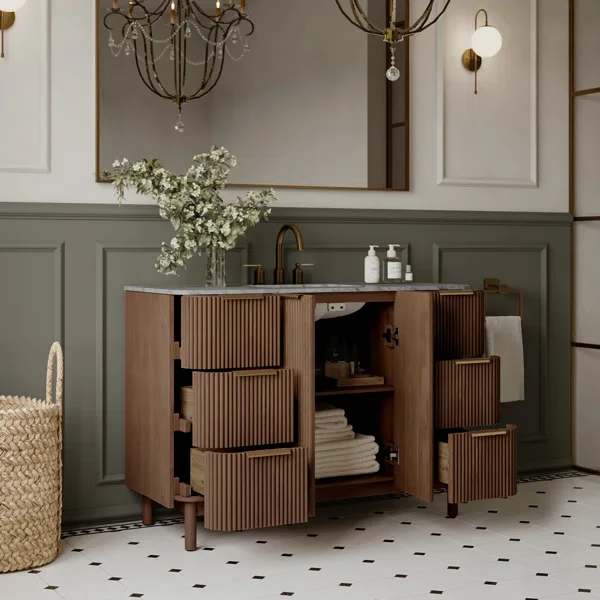 Havana 48" Single Bathroom Vanity in Brown Reeded Birch | Carrara Marble Countertop - Image 3
