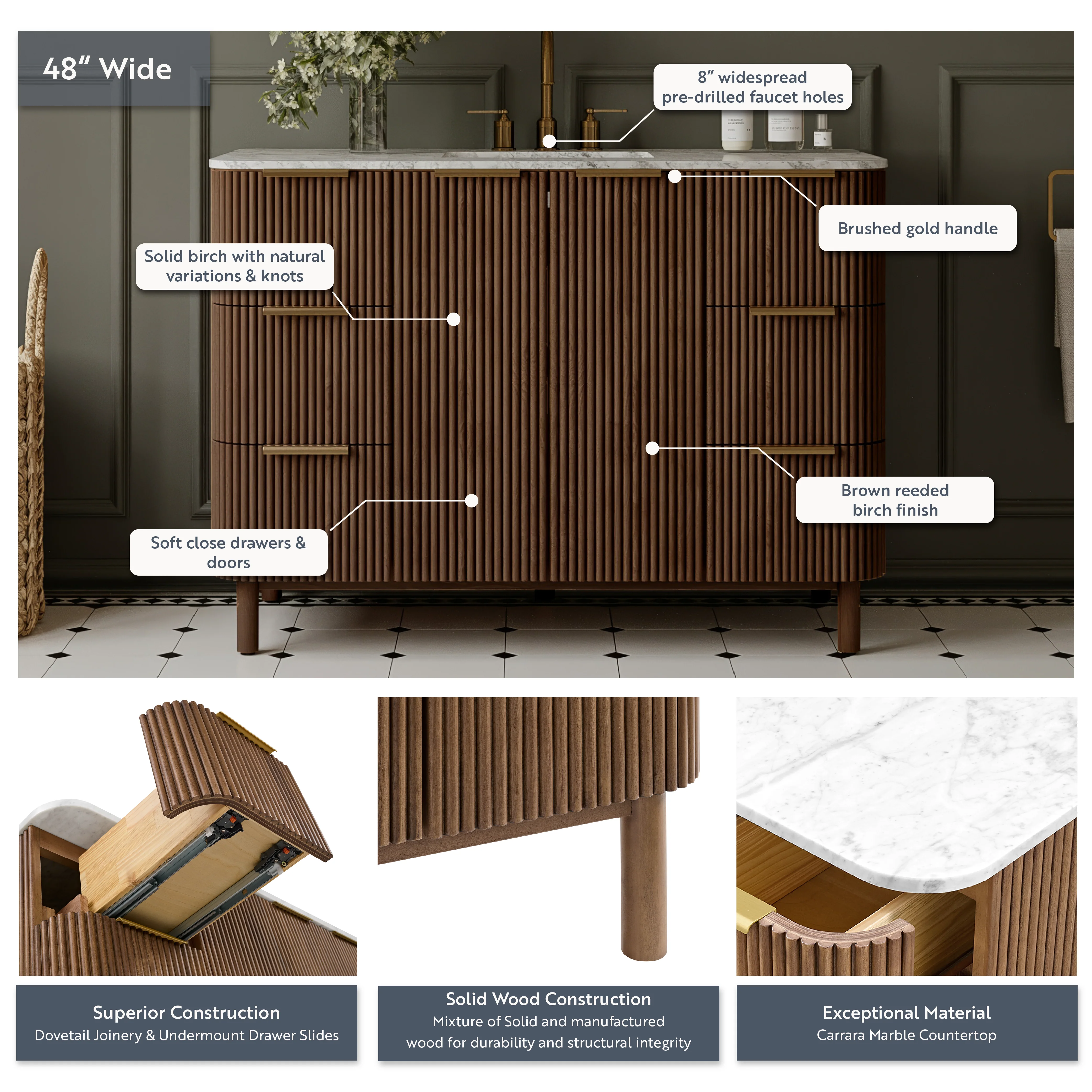 Havana 48" Single Bathroom Vanity in Brown Reeded Birch | Carrara Marble Countertop - Image 4