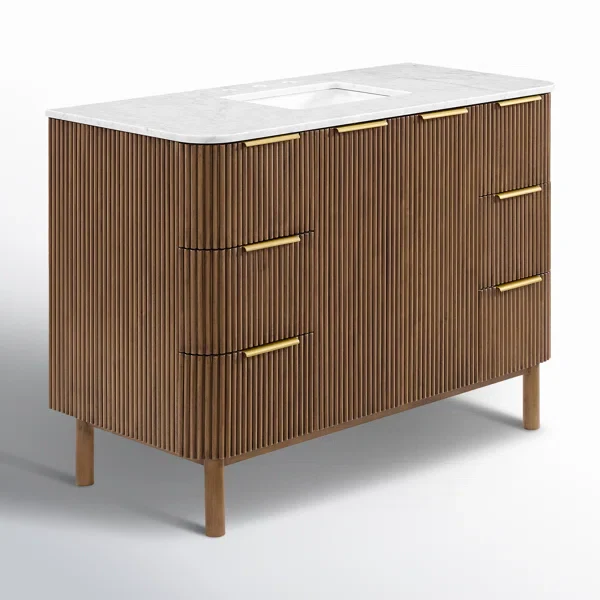 Havana 48" Single Bathroom Vanity in Brown Reeded Birch | Carrara Marble Countertop - Image 5