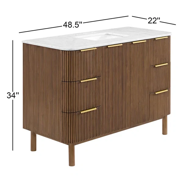 Havana 48" Single Bathroom Vanity in Brown Reeded Birch | Carrara Marble Countertop - Image 9