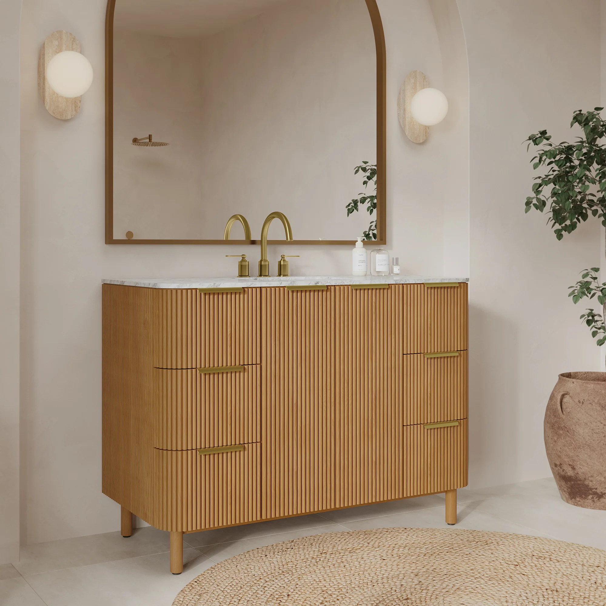 Havana 48" Single Bathroom Vanity in Reeded Birch | Carrara Marble Countertop - Image 2