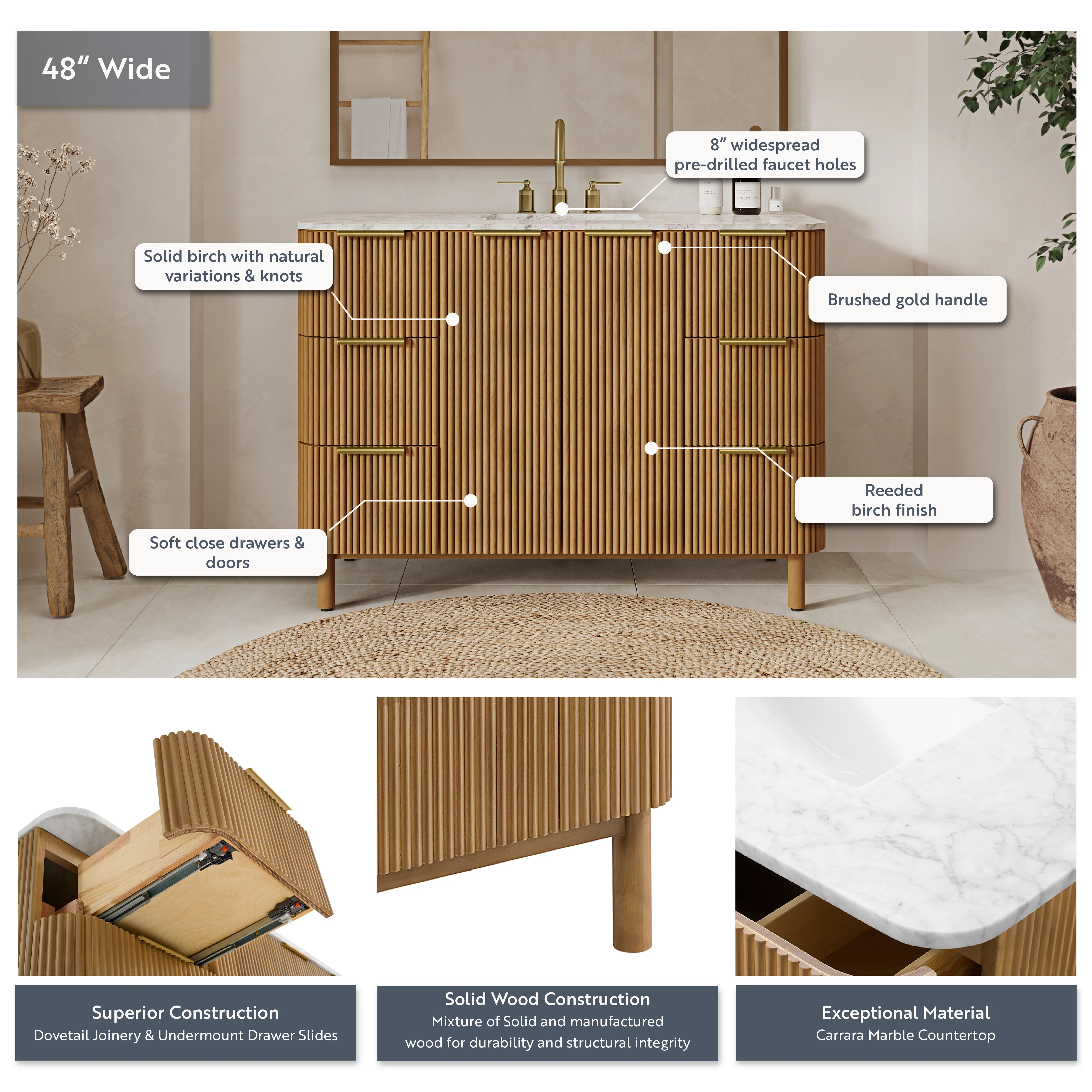 Havana 48" Single Bathroom Vanity in Reeded Birch | Carrara Marble Countertop - Image 4
