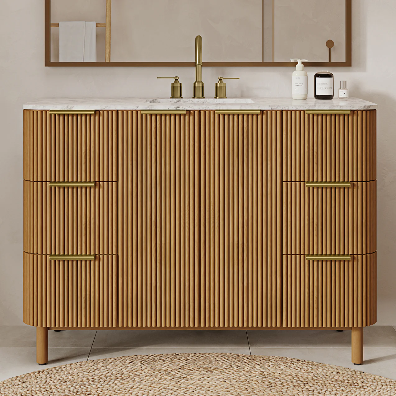 Havana 48" Single Bathroom Vanity in Reeded Birch | Carrara Marble Countertop - Image 6