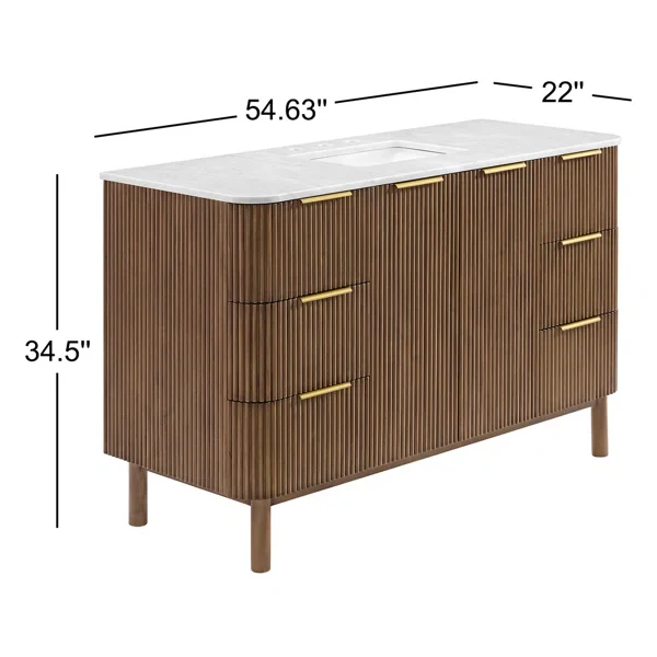 Havana 54" Single Bathroom Vanity in Brown Reeded Birch | Carrara Marble Countertop - Image 19