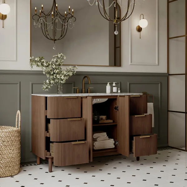 Havana 54" Single Bathroom Vanity in Brown Reeded Birch | Carrara Marble Countertop - Image 3
